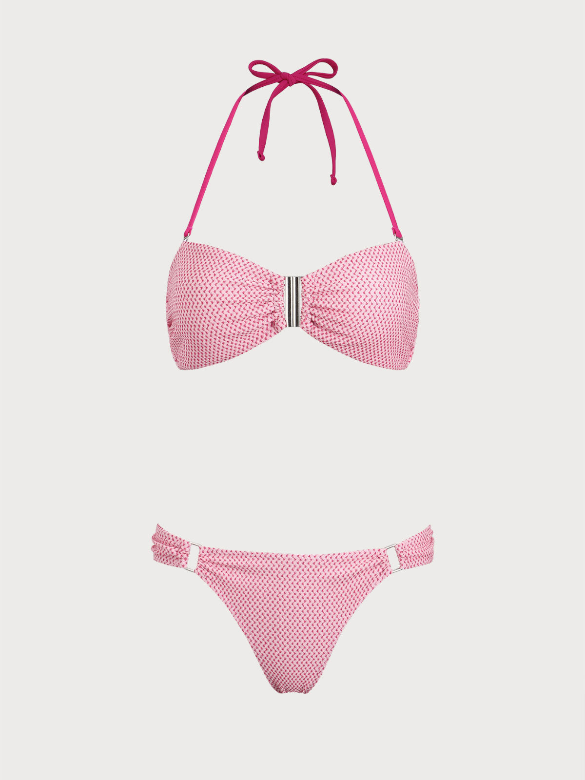 Women'S Polyester Knit Front Button Bikini Set Pink Bikinis - SAMIOLSWIM