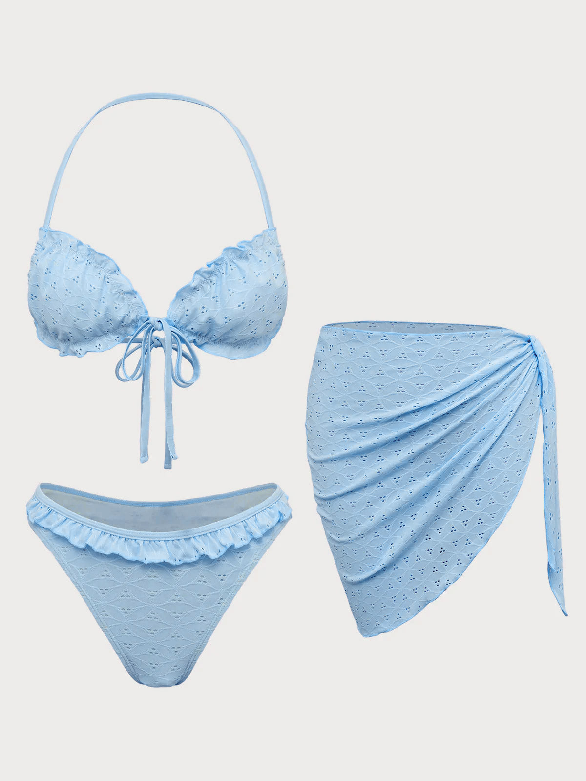 Women'S Polyester Knit Front Tie Ruffle Bikini Set Blue Bikinis - SAMIOLSWIM