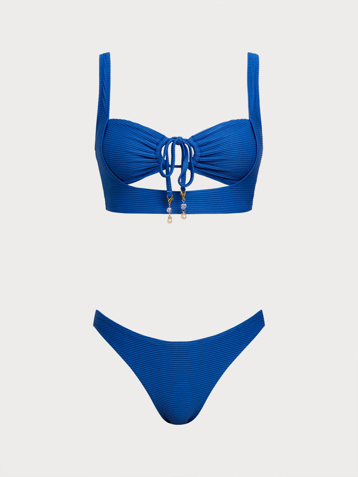 Women'S Polyester Knit Hollow Front Tie Bikini Set Blue Bikinis - SAMIOLSWIM
