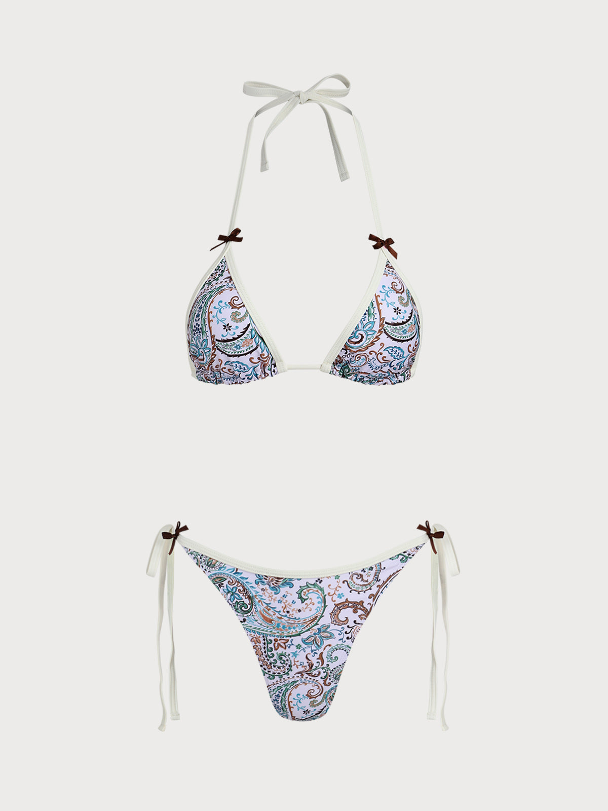 Women'S Polyester Knit Paisley Print Contrast Bow Bikini Set Green Bikinis - SAMIOLSWIM