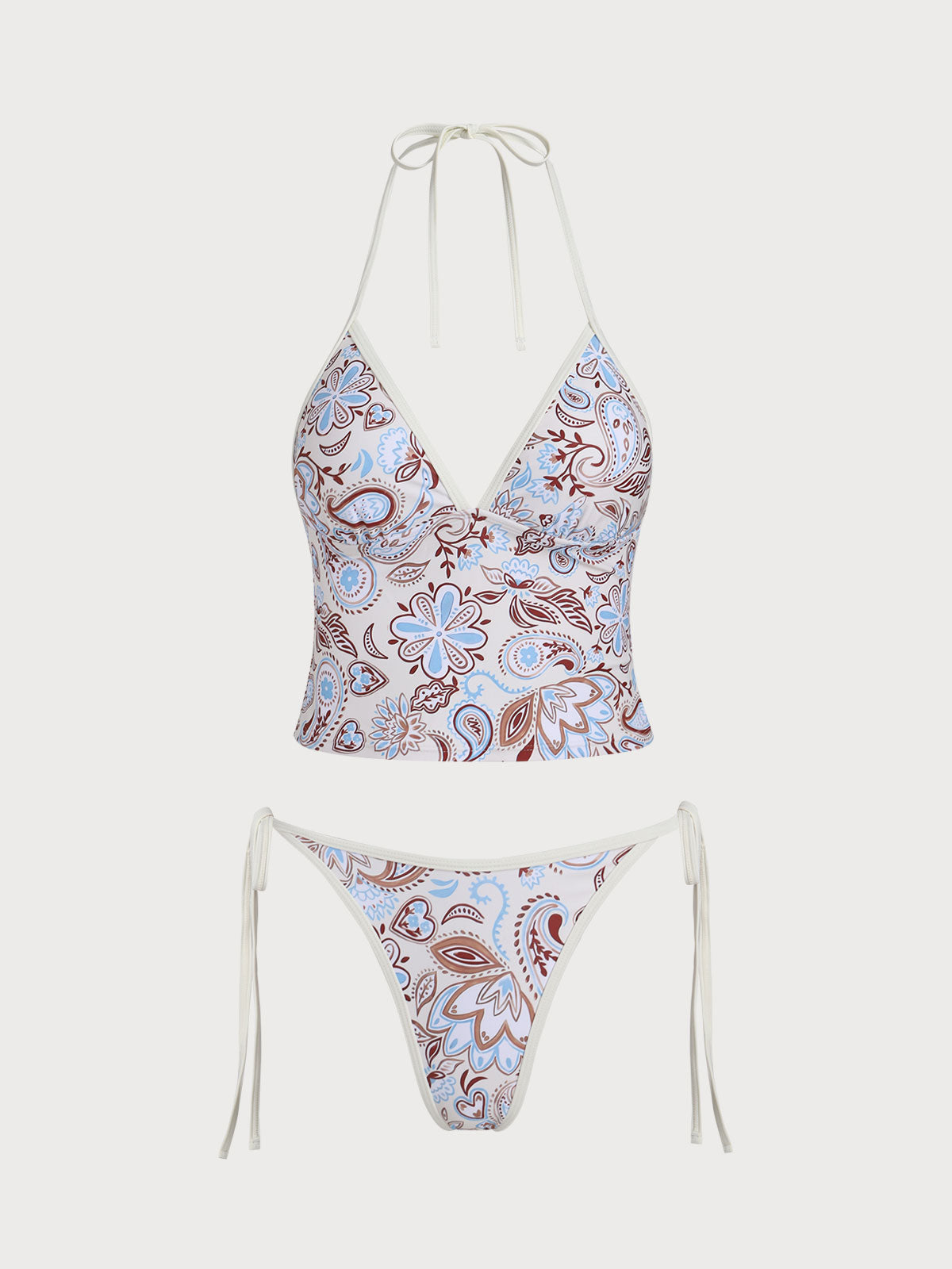 Women'S Polyester Knit Paisley Print Contrast Tankini Set Khaki Tankinis - SAMIOLSWIM