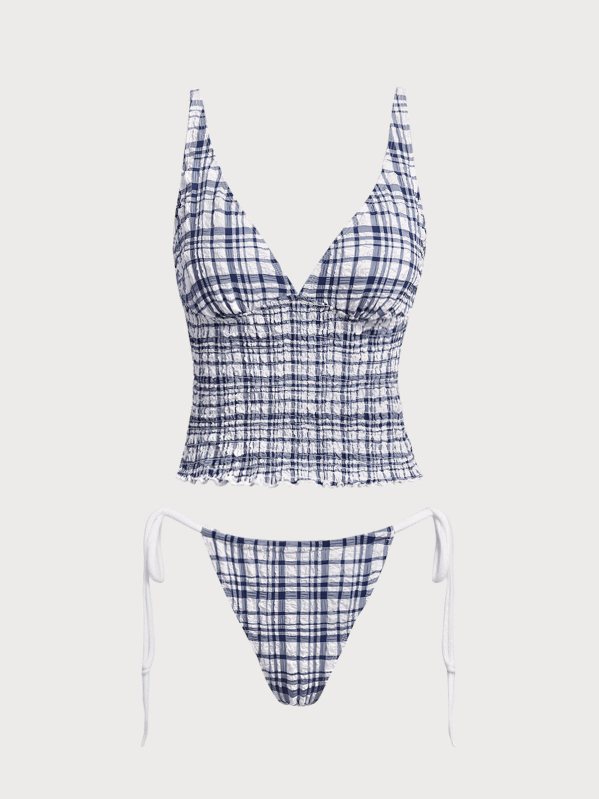 Women'S Polyester Knit Plaid Ruched Tankini Swimsuit Blue Tankinis - SAMIOLSWIM