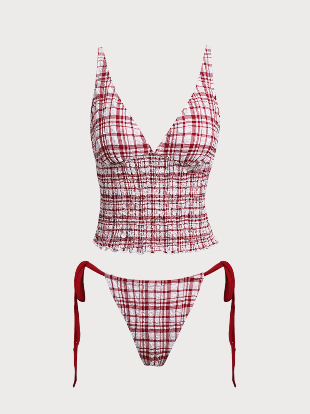 Women'S Polyester Knit Plaid Ruched Tankini Swimsuit Red Tankinis - SAMIOLSWIM