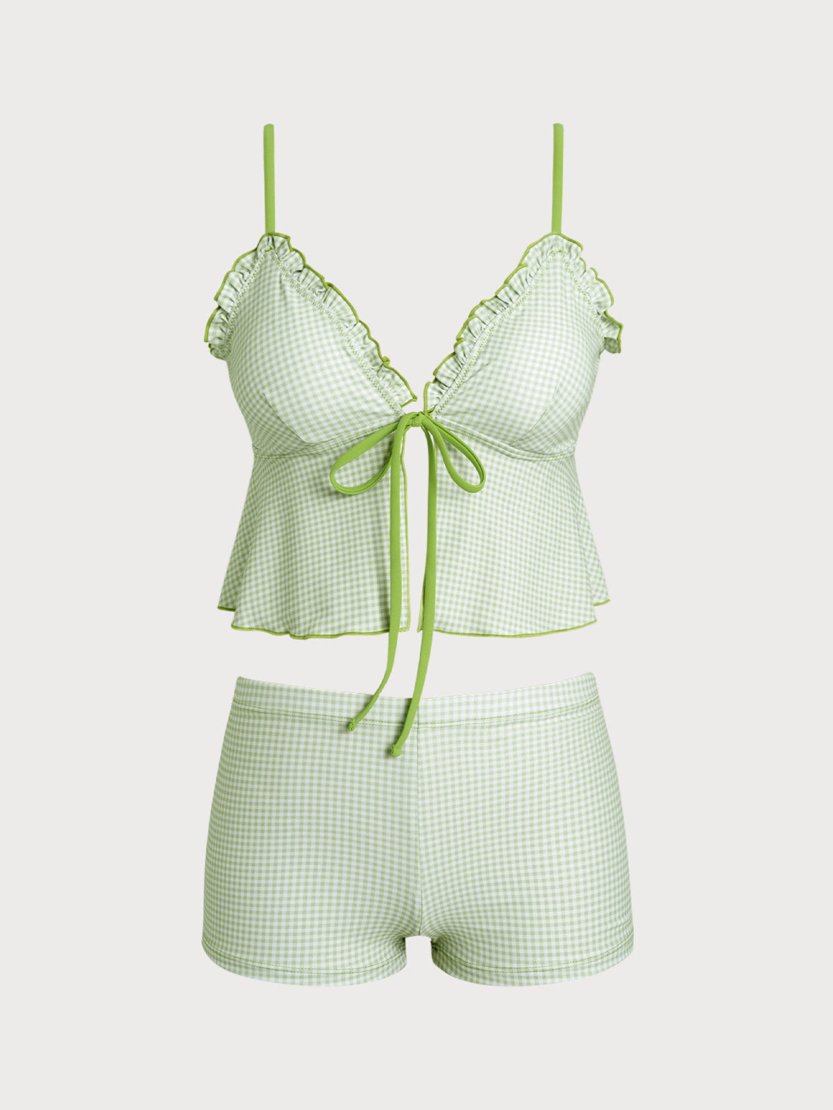 Women'S Polyester Knit Plaid Ruffle Tankini Swimsuit Green Tankinis - SAMIOLSWIM