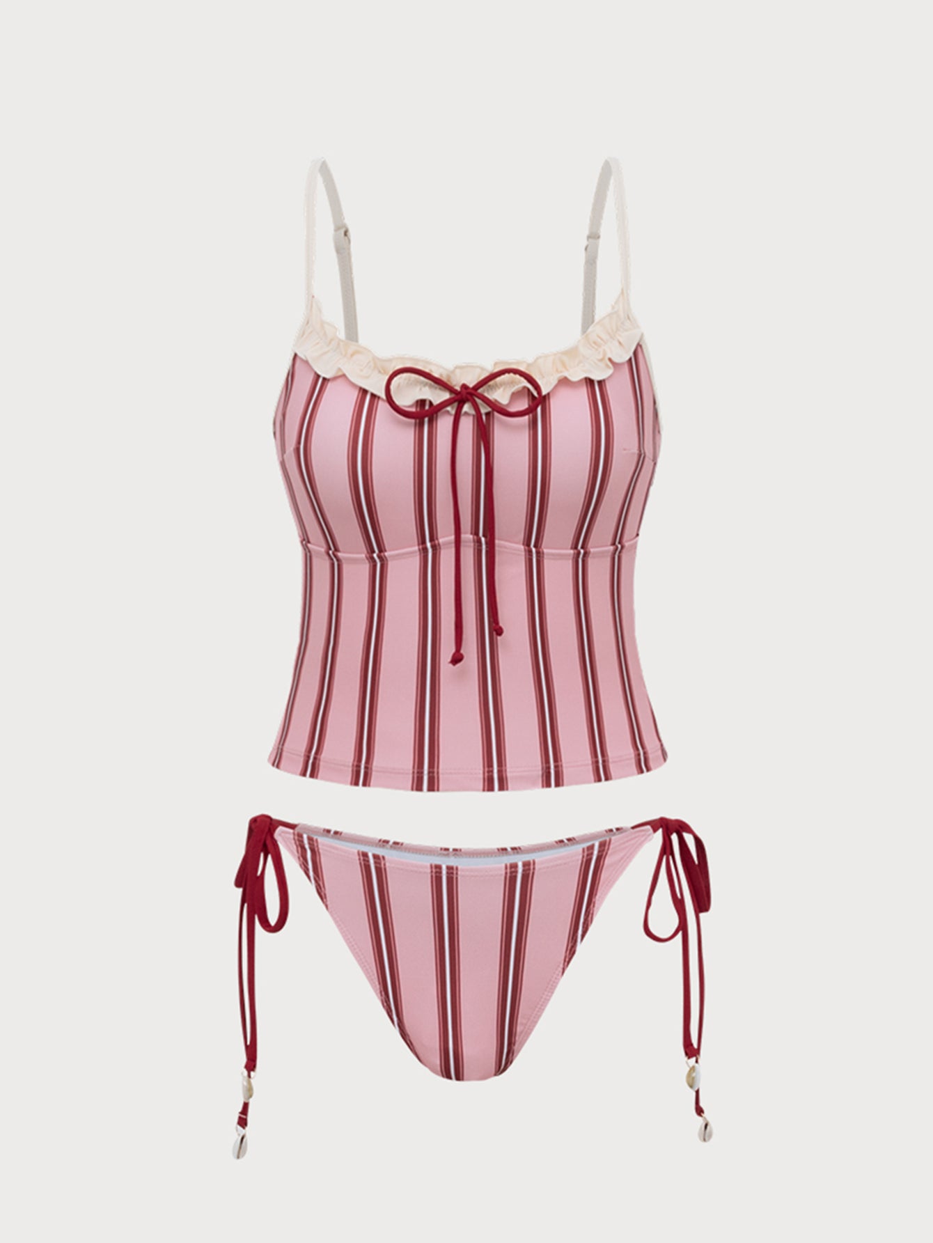 Women'S Polyester Knit Printed Ruffle Tankini Swimsuit Pink Tankinis - SAMIOLSWIM