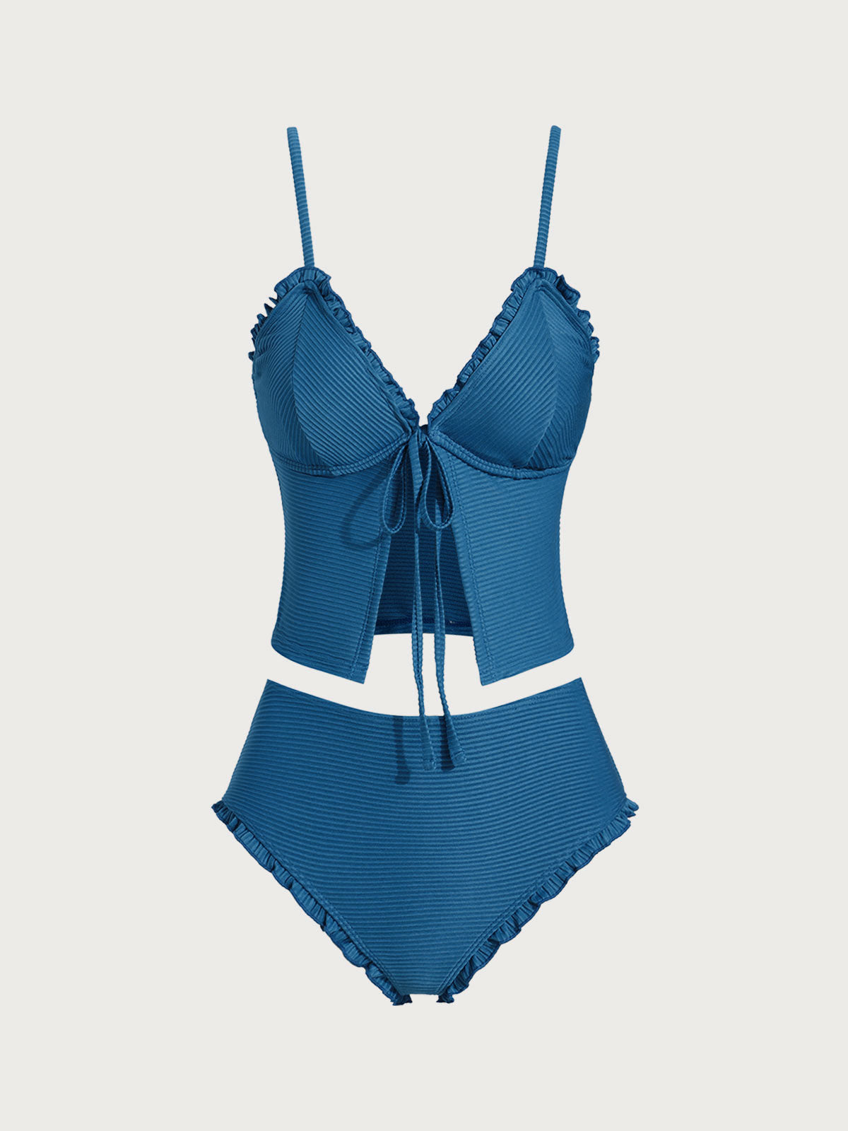 Women'S Polyester Knit Ribbed Ruffle Tankini Swimsuit Blue Tankinis - SAMIOLSWIM