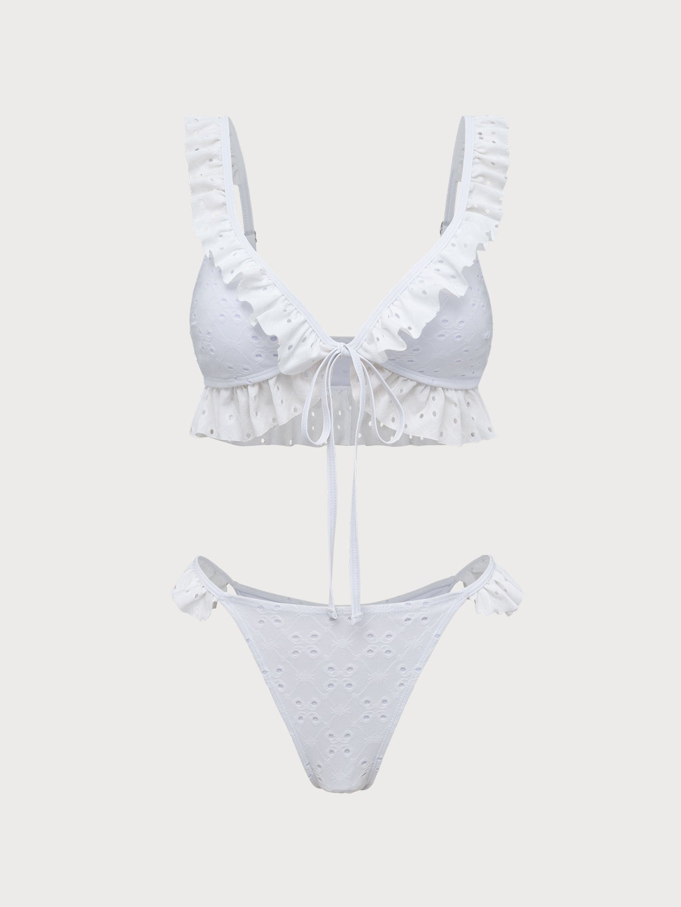 Women'S Polyester Knit Ruffle Front Tie Bikini Set Off White Bikinis - SAMIOLSWIM