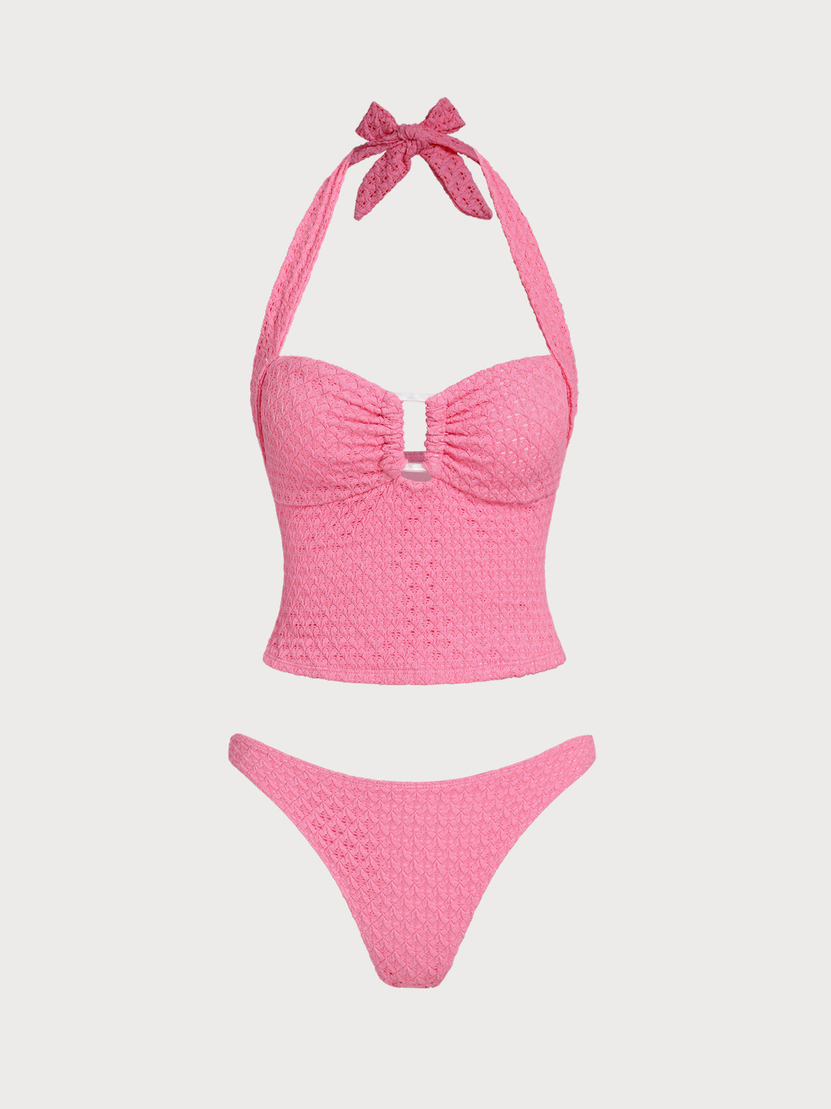 Women'S Polyester Knit Square Mesh Tankini Set Pink Tankinis - SAMIOLSWIM