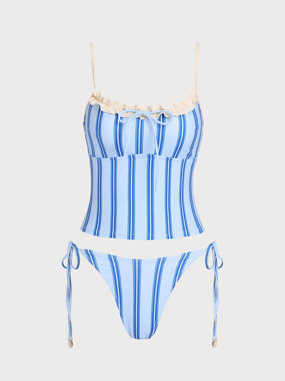 Women'S Polyester Knit Striped Contrast Tankini Swimsuit Blue Tankinis - SAMIOLSWIM