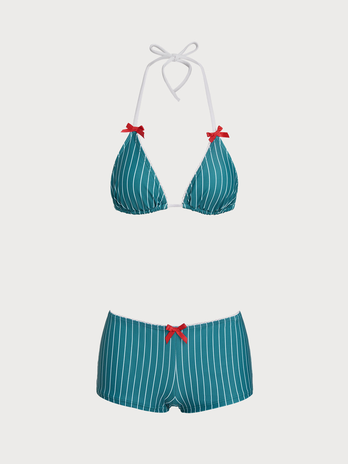 Women'S Polyester Knit Striped Printed Shorts Bikini Set Green Bikinis - SAMIOLSWIM