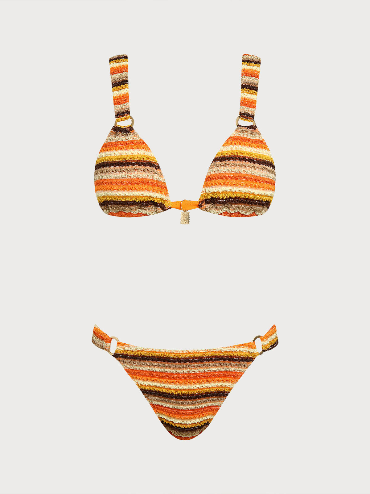 Women'S Polyester Knit Striped Ring Metallic Decorated Bikini Set Orange Bikinis - SAMIOLSWIM