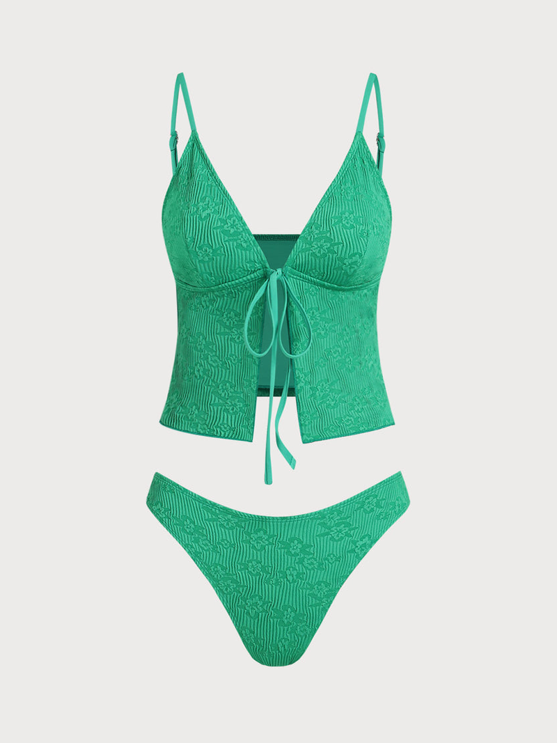 Green Tie Front Jacquard Tankini Set