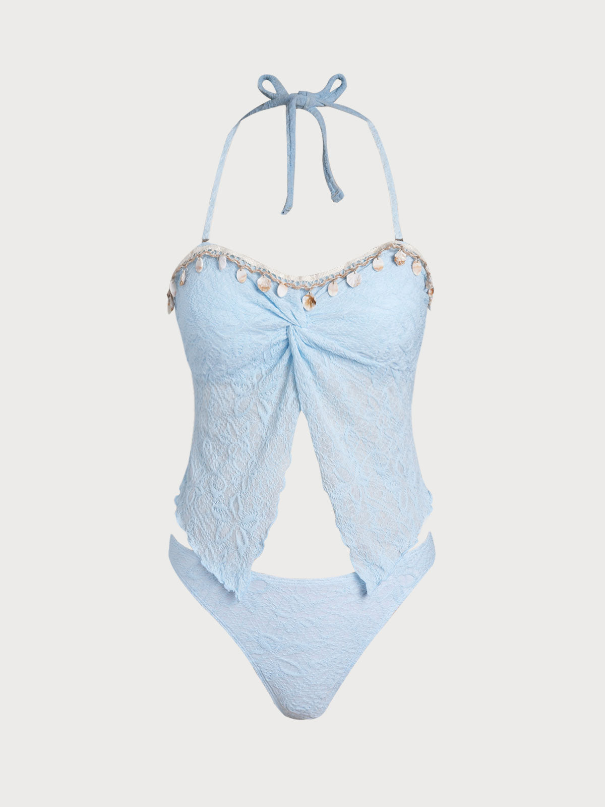 Women'S Polyester Knit Twisted Shell Trim Tankini Set Light Blue Tankinis - SAMIOLSWIM