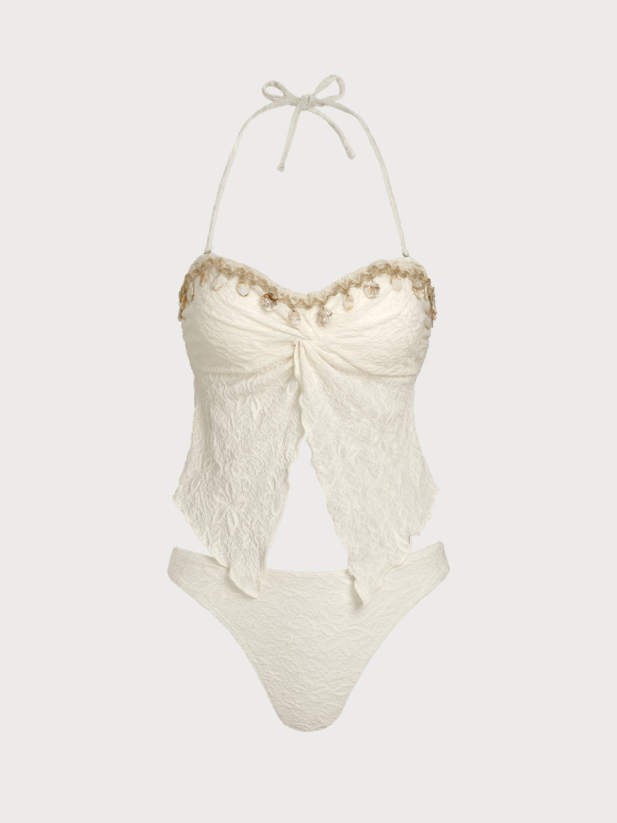 Women'S Polyester Knit Twisted Shell Trim Tankini Set Off White Tankinis - SAMIOLSWIM