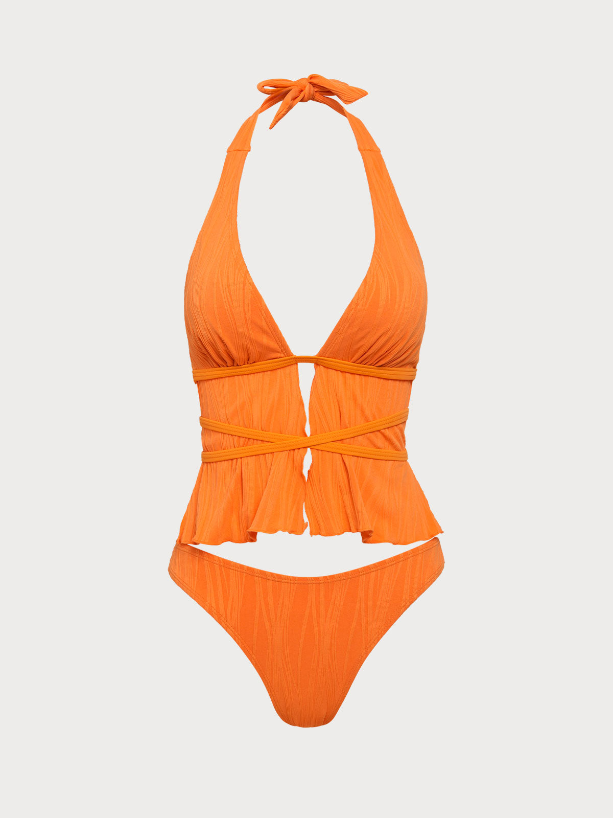 Women'S Polyester Knit V-Neck Tie Front Tankini Set Orange Tankinis - SAMIOLSWIM