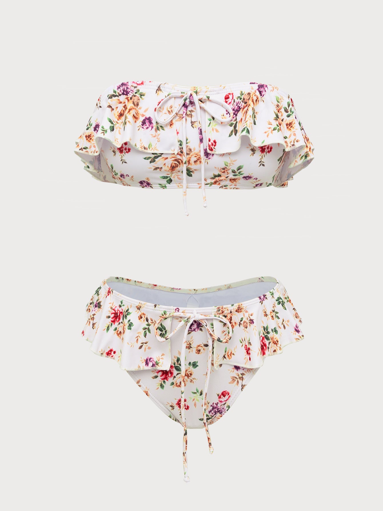 Women'S Polyester Knit Vintage Print Ruffle Bikini Set White Bikinis - SAMIOLSWIM