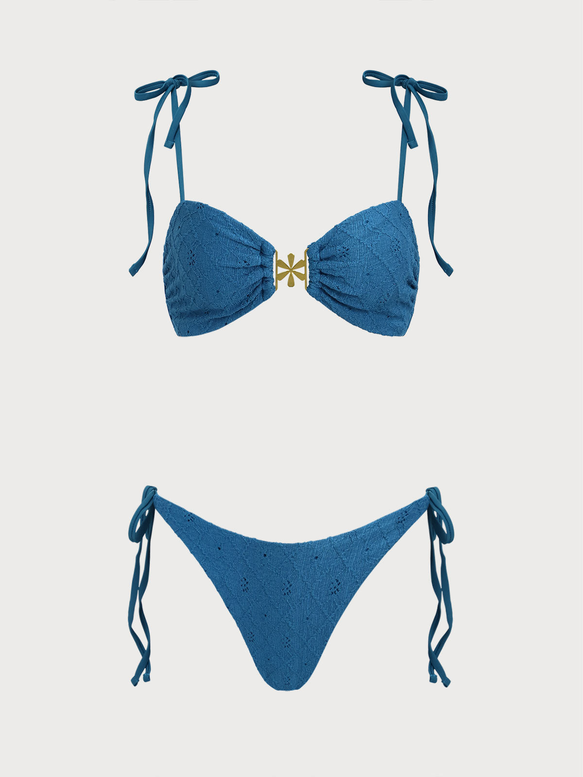 Women'S Polyester Knitted Bow Flower Decoration Bikini Set Blue Bikinis - SAMIOLSWIM