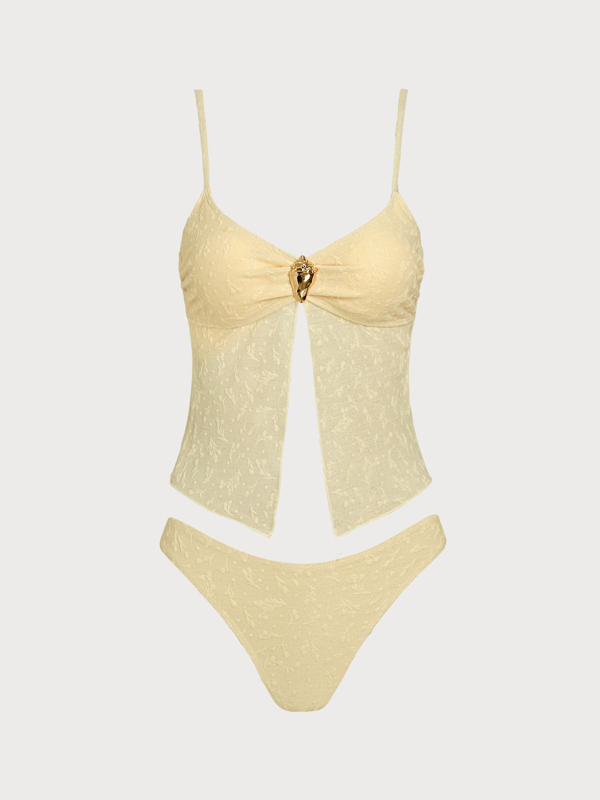 Women'S Polyester Knitted Cherry Jacquard Conch Trim Tankini Set Yellow Tankinis - SAMIOLSWIM