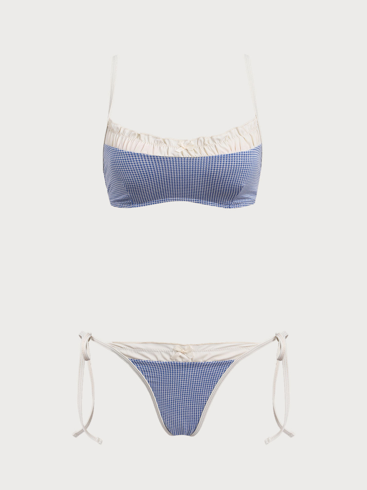 Women'S Polyester Knitted Contrast Color Vintage Small Plaid Bikini Set Blue Bikinis - SAMIOLSWIM