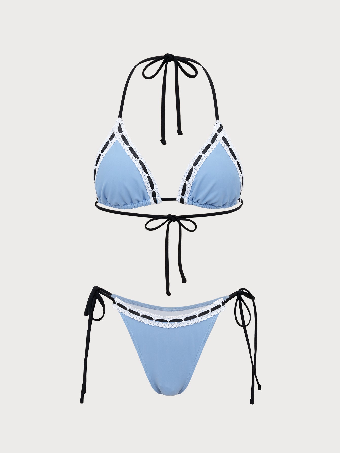 Women'S Polyester Knitted Contrast Lace Bikini Set Light Blue Bikinis - SAMIOLSWIM