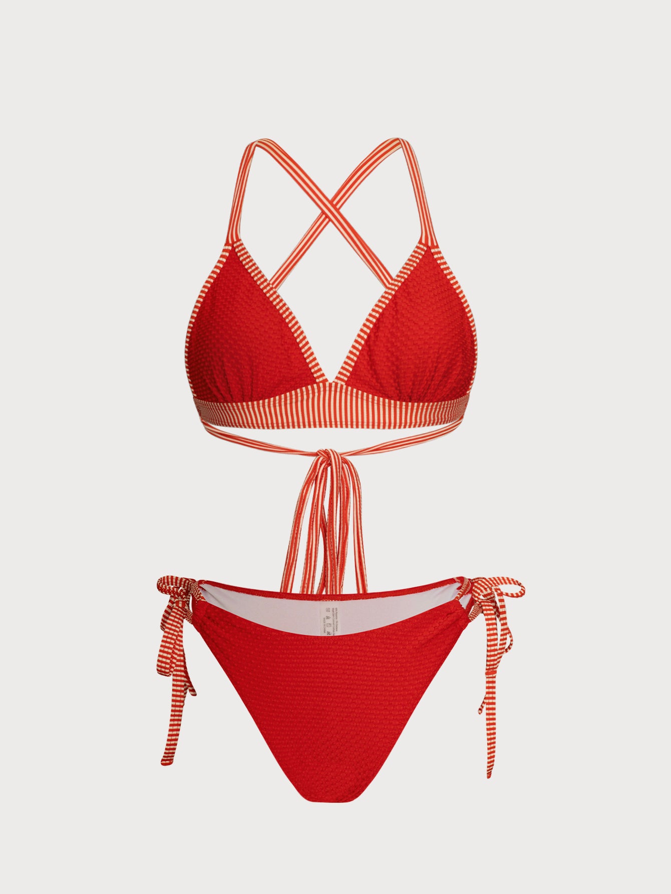 Women'S Polyester Knitted Contrast Stripe Strap Bikini Set Red Bikinis - SAMIOLSWIM