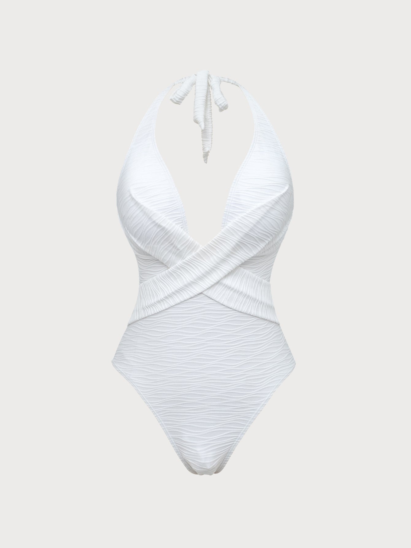 Women'S Polyester Knitted Crossover V-Neck One-Piece Swimsuit White One-Pieces - SAMIOLSWIM
