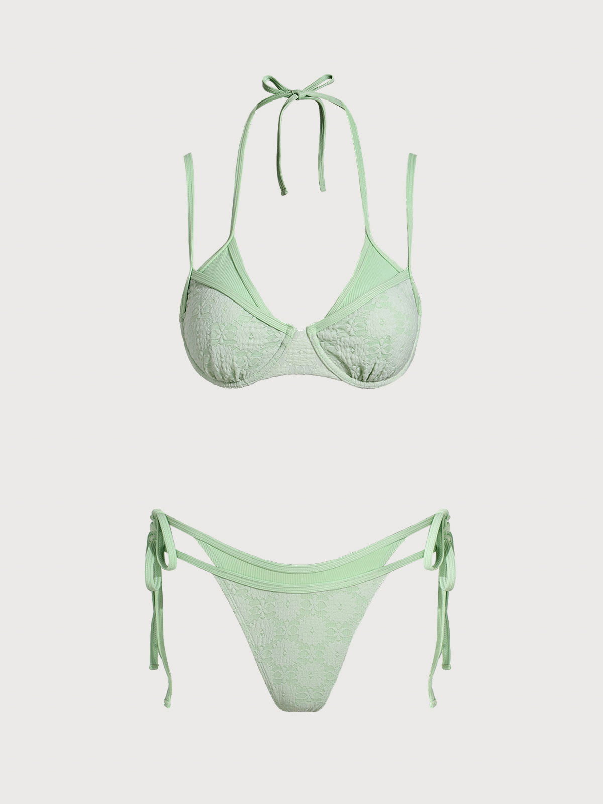 Women'S Polyester Knitted Fake Two-Piece Underwire Bikini Set Cyan Bikinis - SAMIOLSWIM