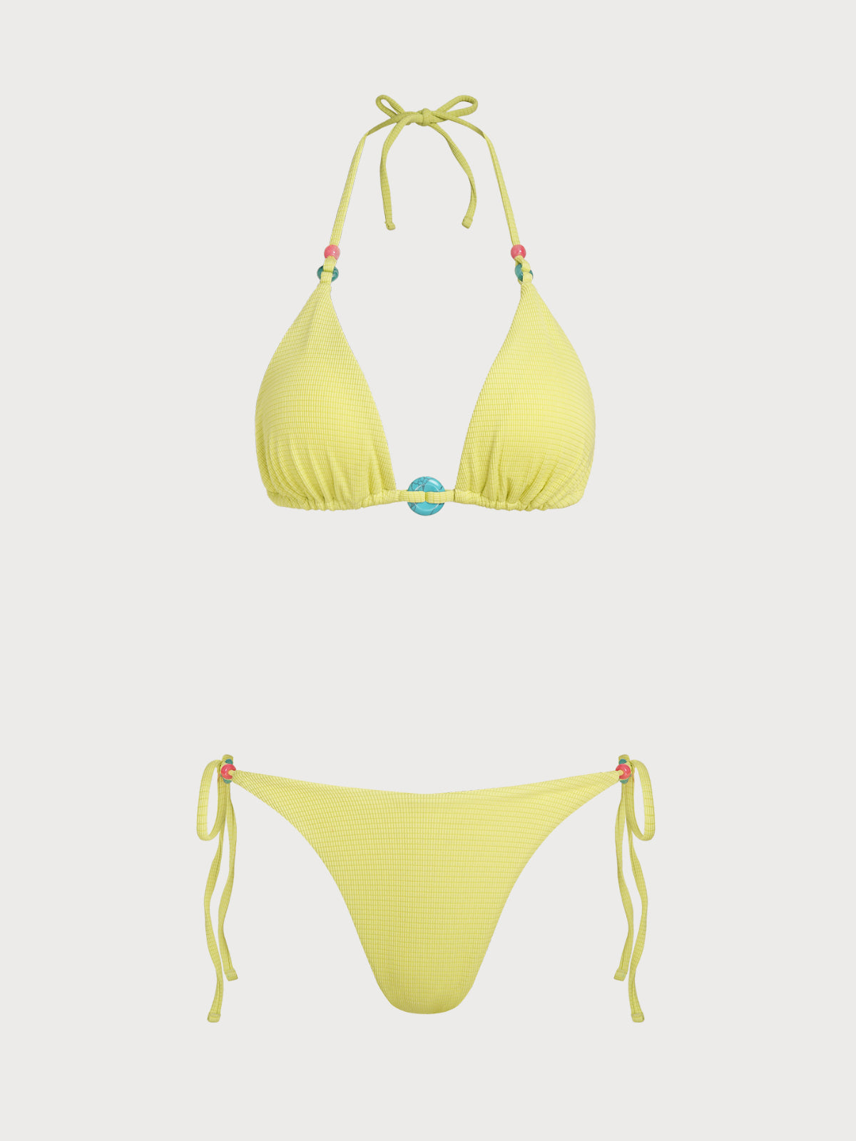 Women'S Polyester Knitted Fun Contrast Beaded Bikini Set Yellow Bikinis - SAMIOLSWIM