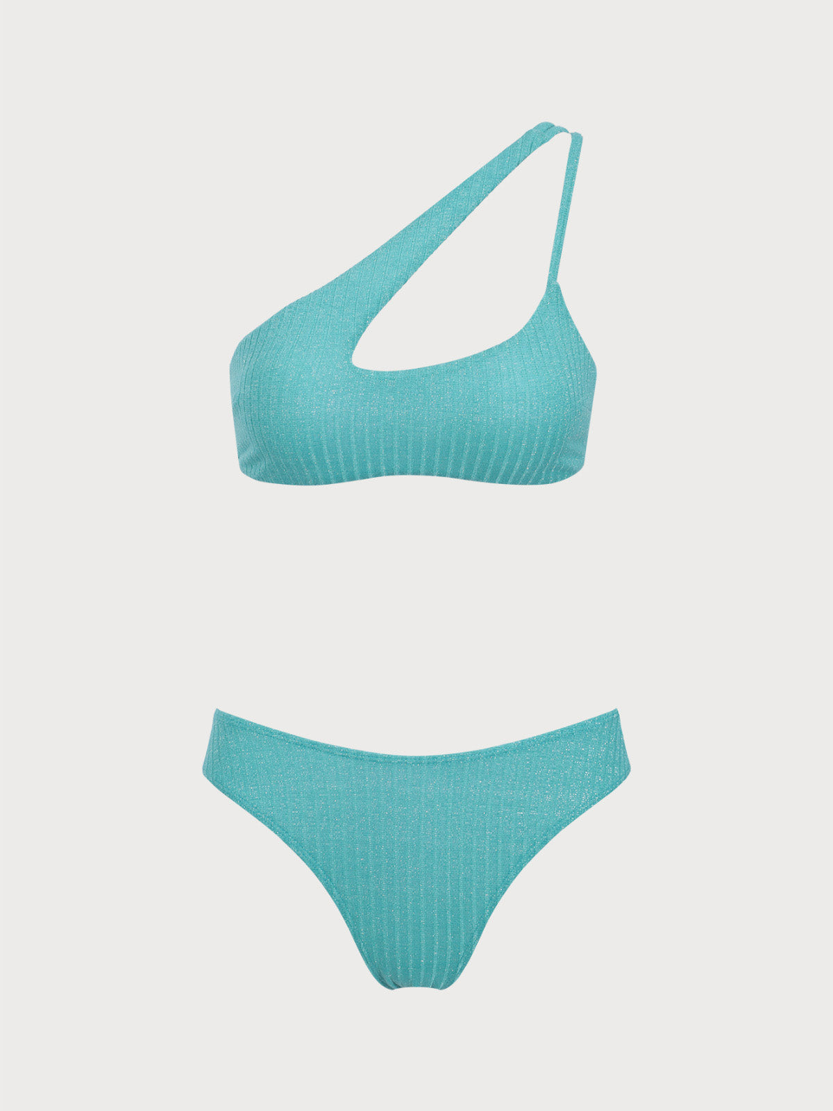 Women'S Polyester Knitted Glitter Pit Strip One Shoulder Bikini Set Malachite Green Bikinis - SAMIOLSWIM