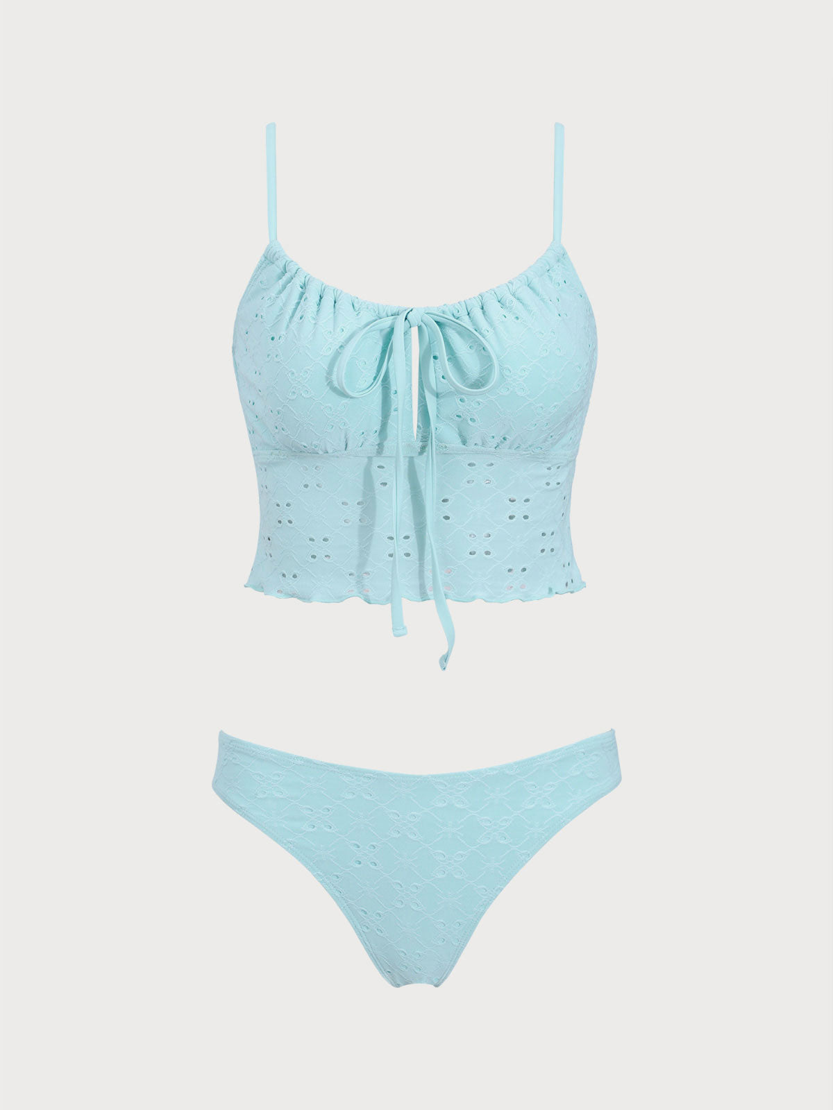 Women'S Polyester Knitted Hollow Tankini Swimsuit Light Blue Tankinis - SAMIOLSWIM