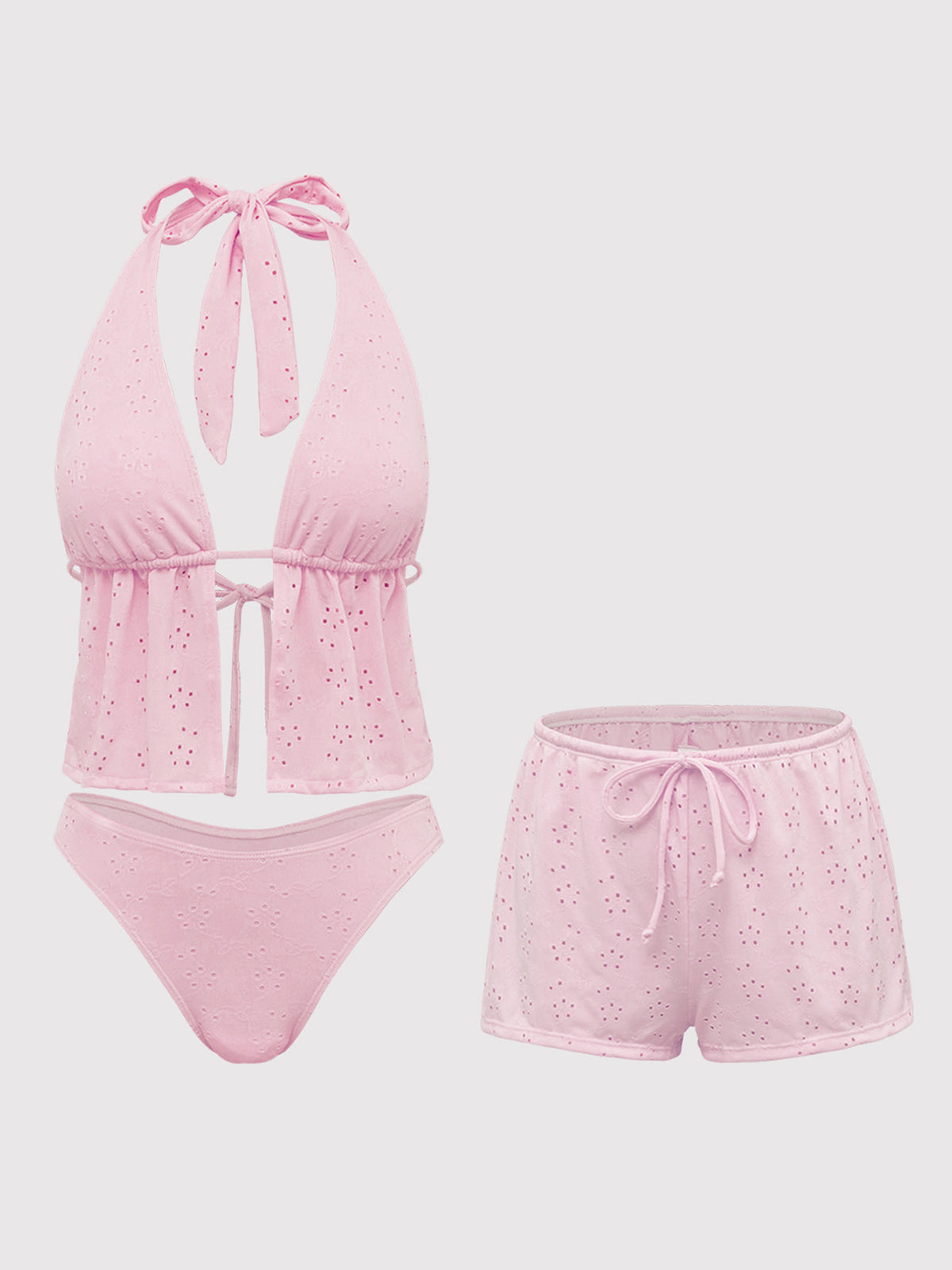 Women'S Polyester Knitted Hollow Tankini Three-Piece Swimsuit Pink Tankinis - SAMIOLSWIM