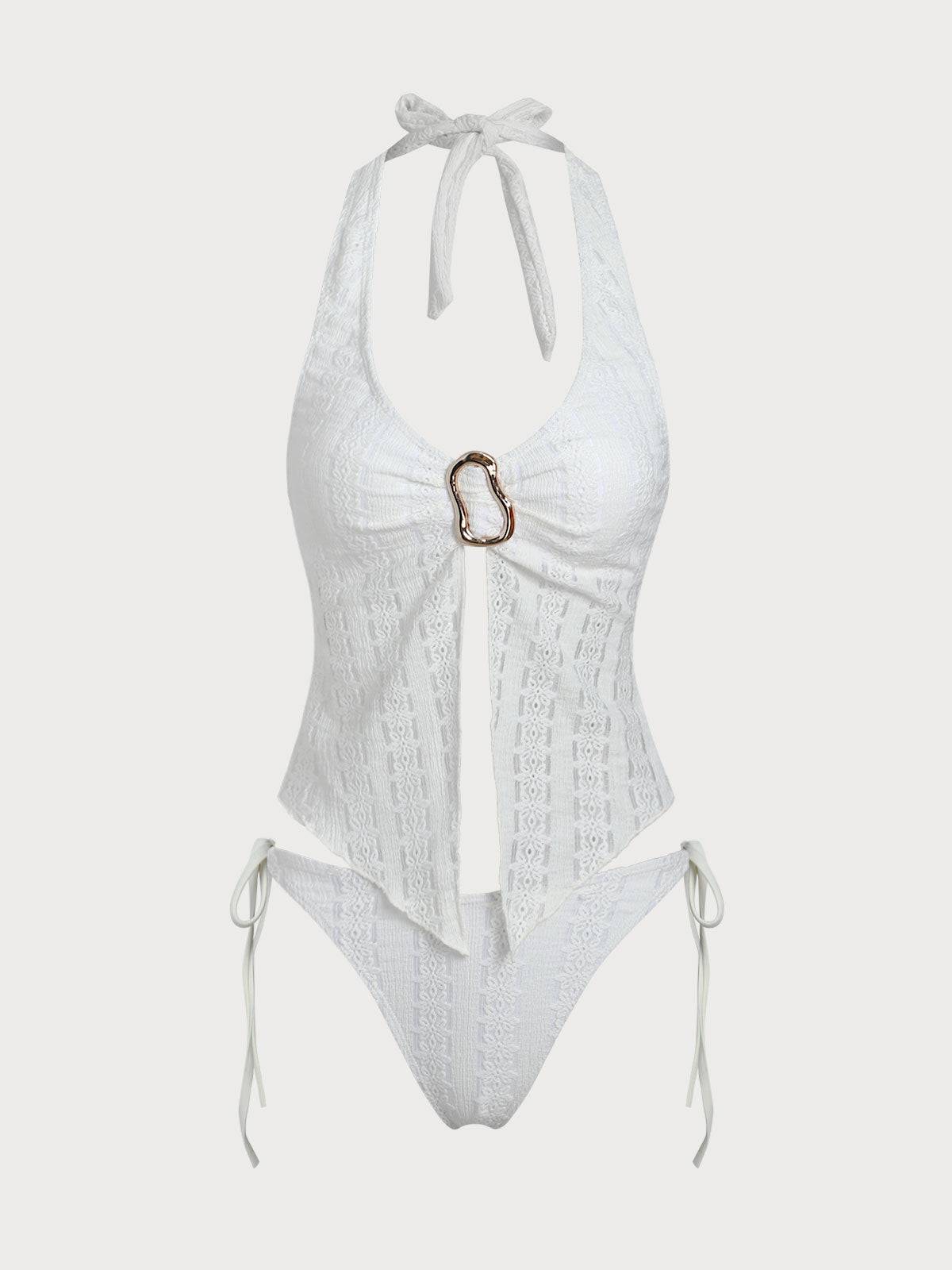 Women'S Polyester Knitted Irregular Metal Slit Tankini Swimsuit White Tankinis - SAMIOLSWIM