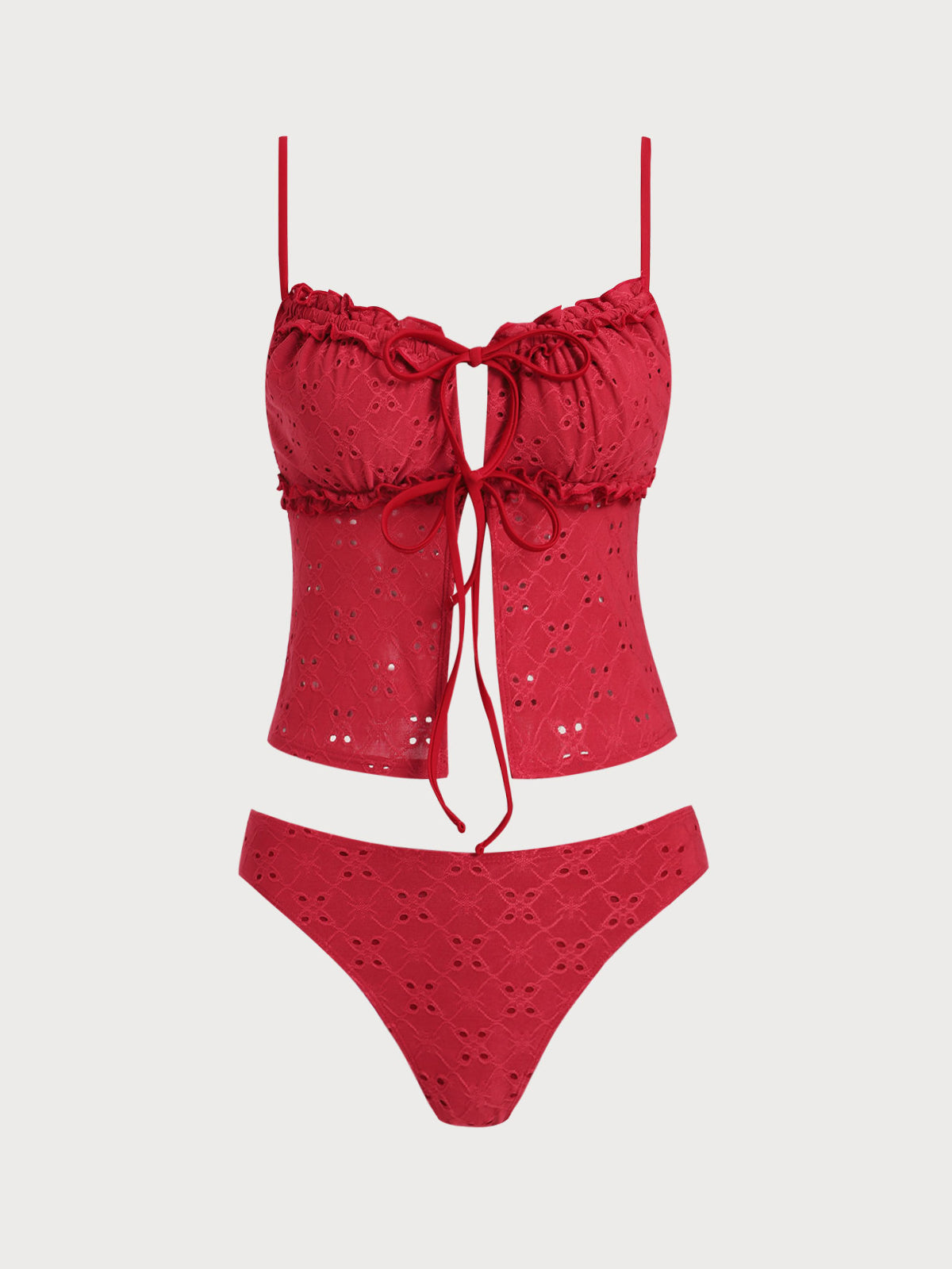 Women'S Polyester Knitted Lace Contrast Hollow Tankini Swimsuit Rose Red Tankinis - SAMIOLSWIM