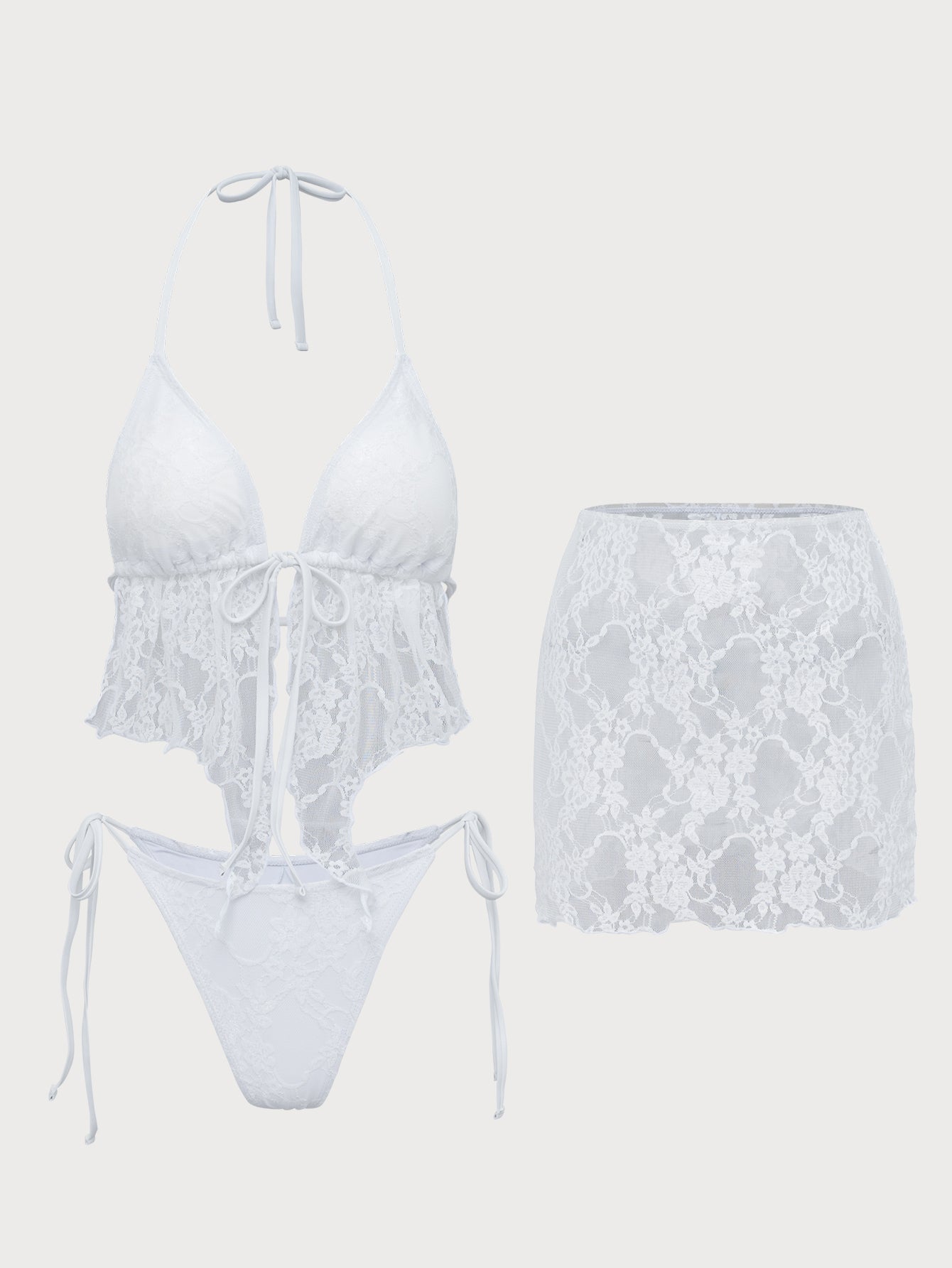 Women'S Polyester Knitted Lace Three-Piece Tankini Swimsuit White Tankinis - SAMIOLSWIM