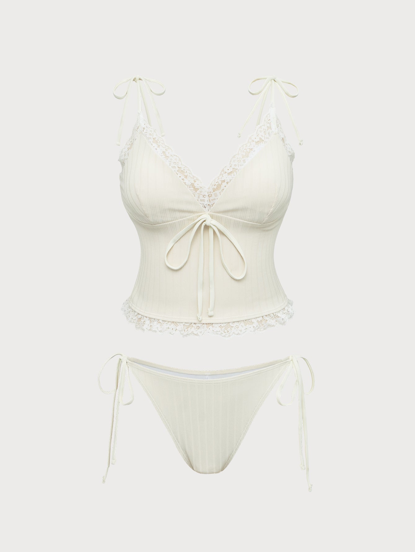 Women'S Polyester Knitted Lace V-Neck Tankini Swimsuit Beige Tankinis - SAMIOLSWIM