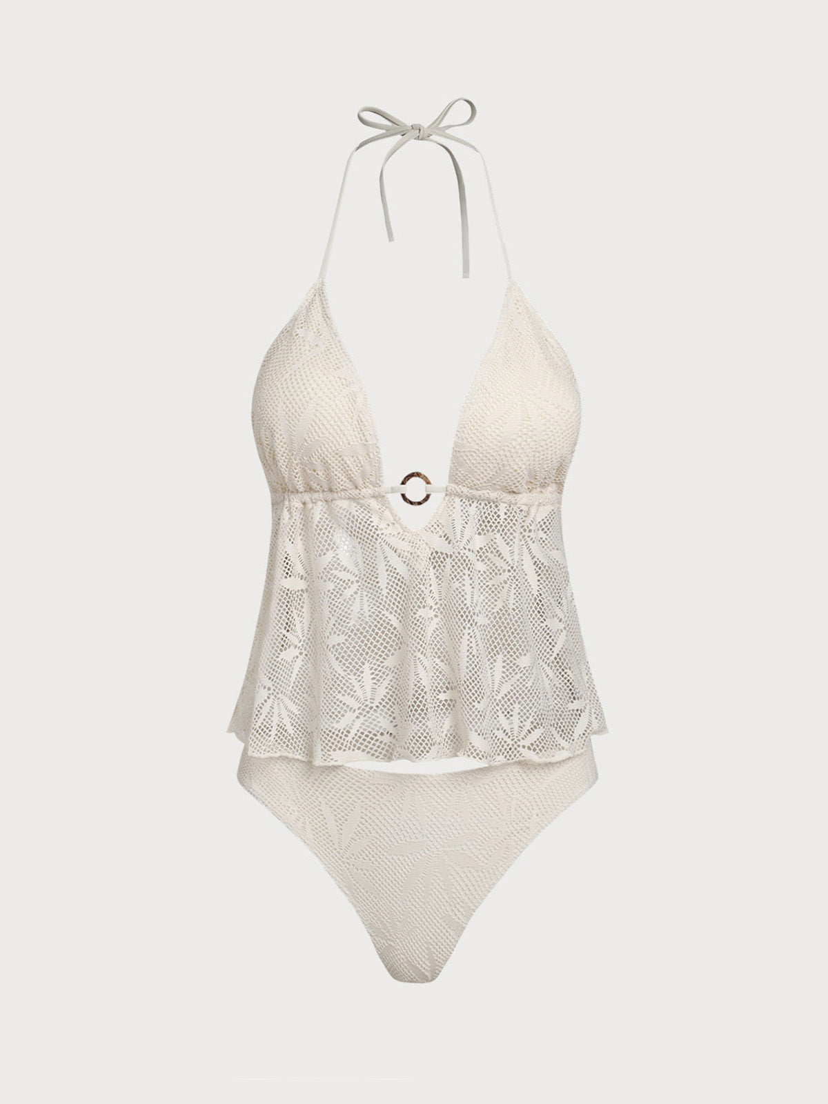 Women'S Polyester Knitted Mesh Coconut Shell Ring Hollow Tankini Set White Tankinis - SAMIOLSWIM