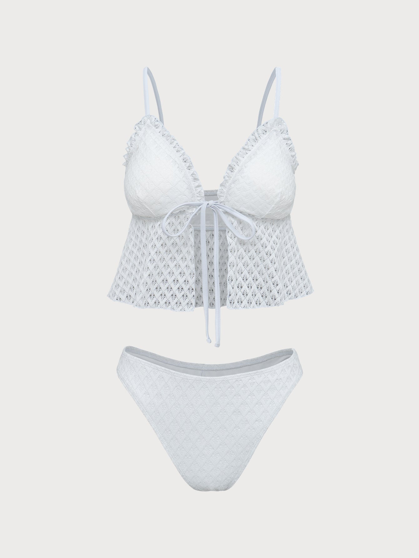 Women'S Polyester Knitted Mesh Hollow Tankini Swimsuit White Tankinis - SAMIOLSWIM