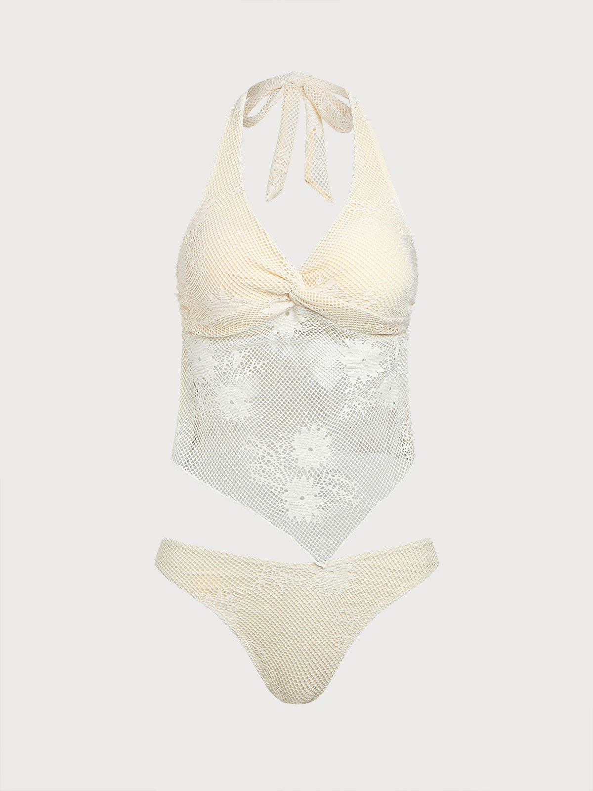 Women'S Polyester Knitted Mesh Irregular Hem Tankini Set Beige Tankinis - SAMIOLSWIM