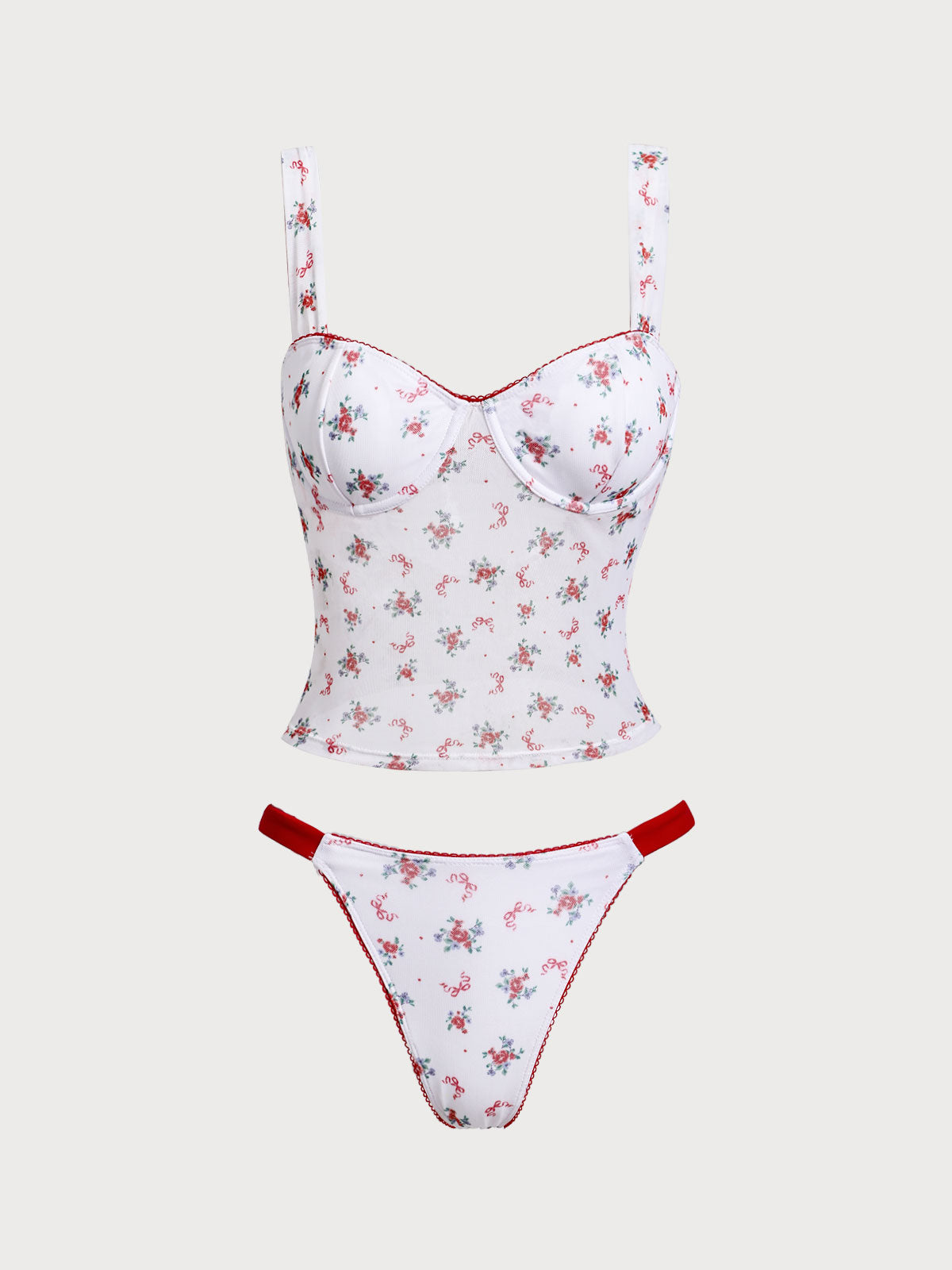 Women'S Polyester Knitted Mesh Printed Underwire Tankini Swimsuit Red Tankinis - SAMIOLSWIM