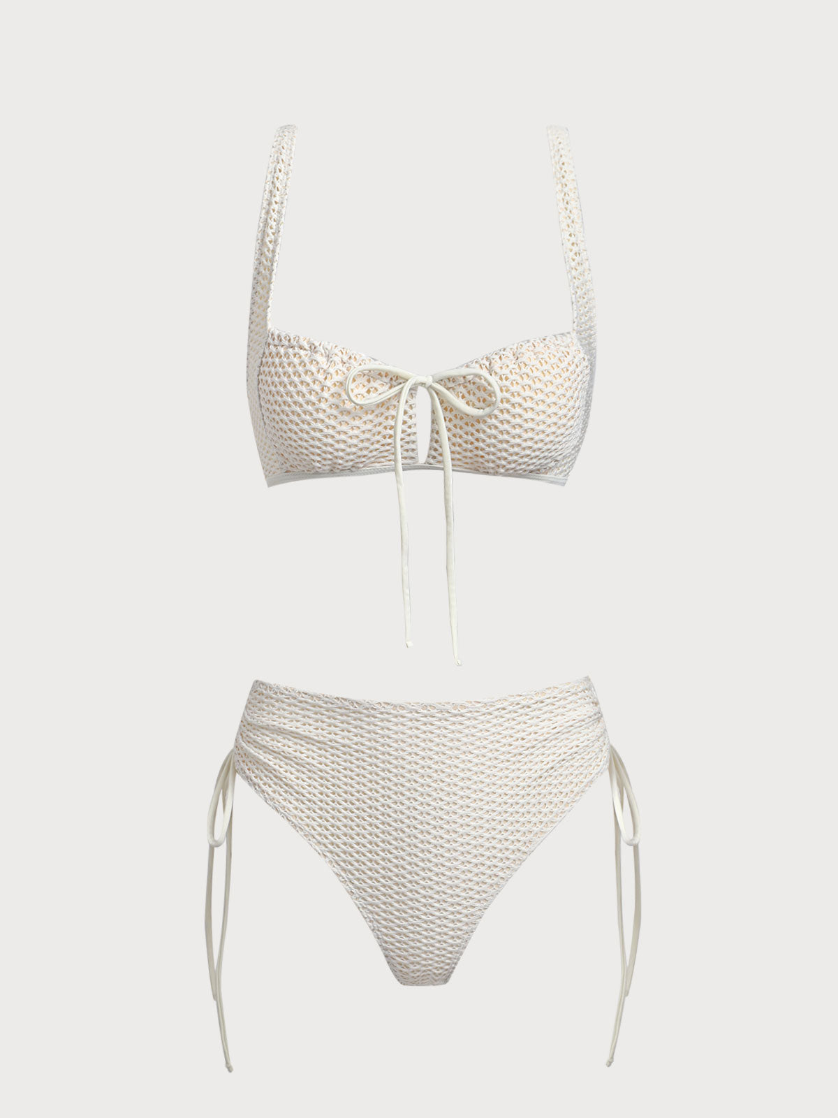 Women'S Polyester Knitted Mesh Ruched Bikini Set Off White Bikinis - SAMIOLSWIM