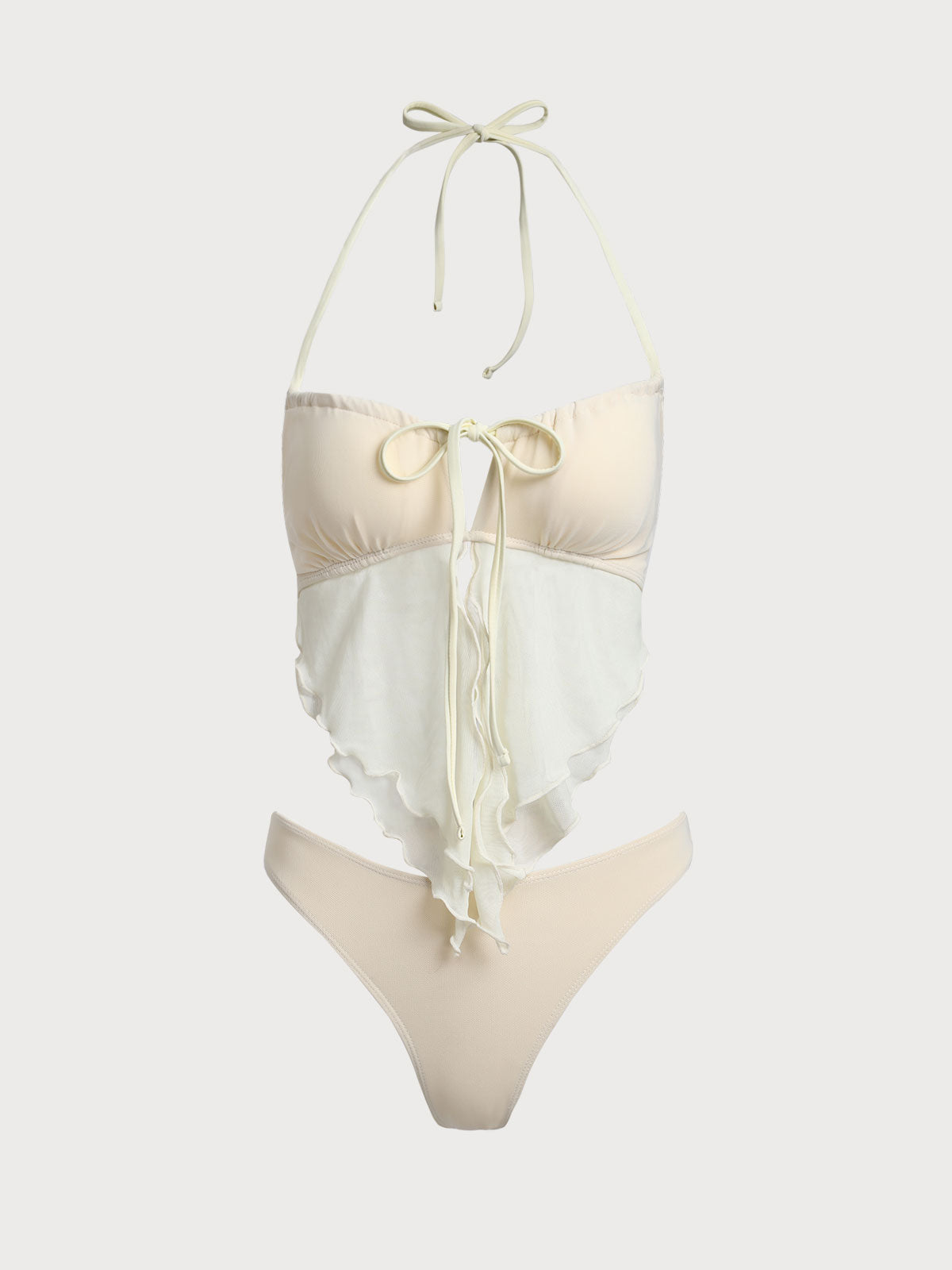 Women'S Polyester Knitted Mesh Ruched Tankini Swimsuit Off White Tankinis - SAMIOLSWIM