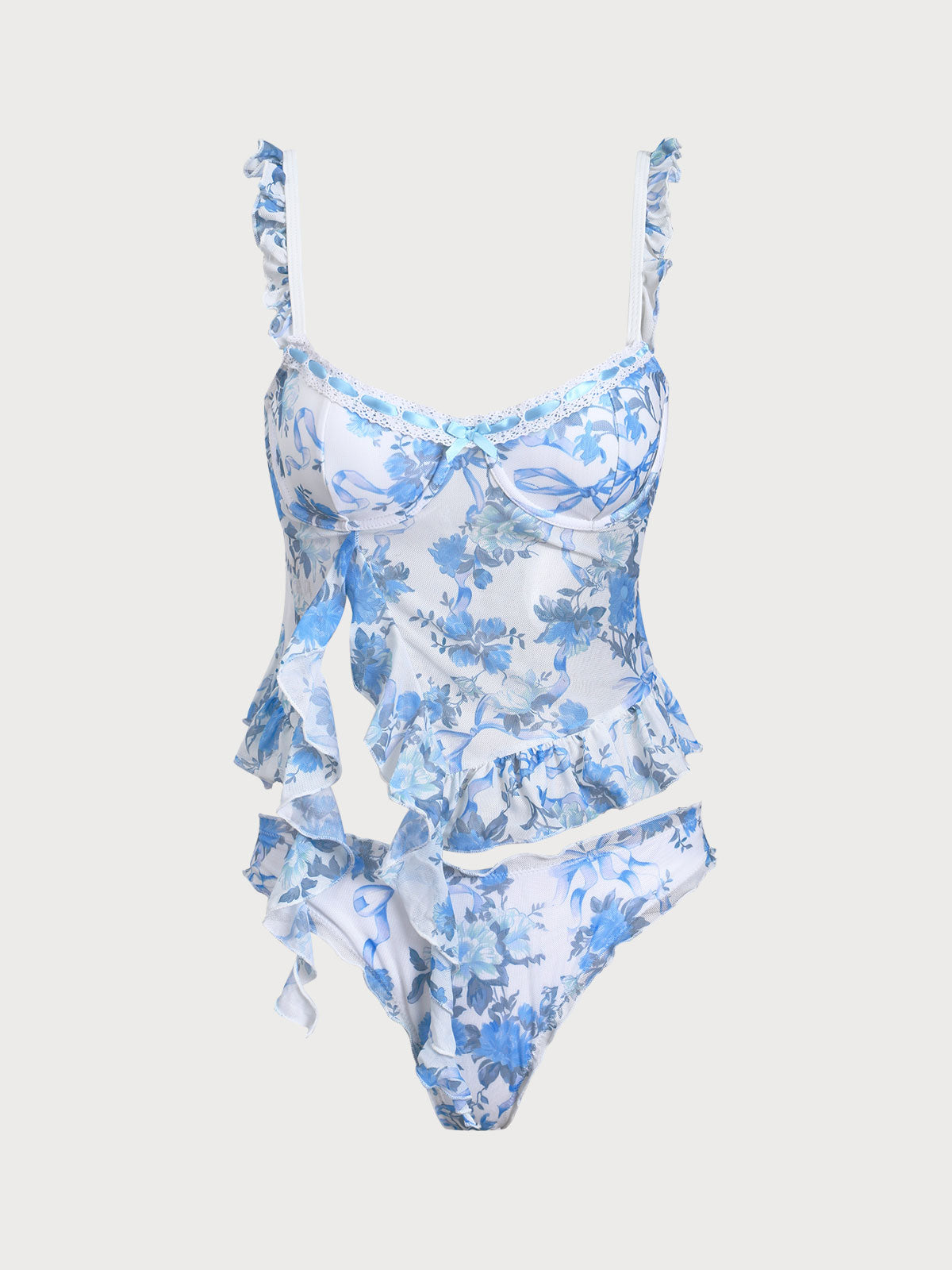 Women'S Polyester Knitted Mesh Ruffled Printed Tankini Swimsuit Light Blue Tankinis - SAMIOLSWIM