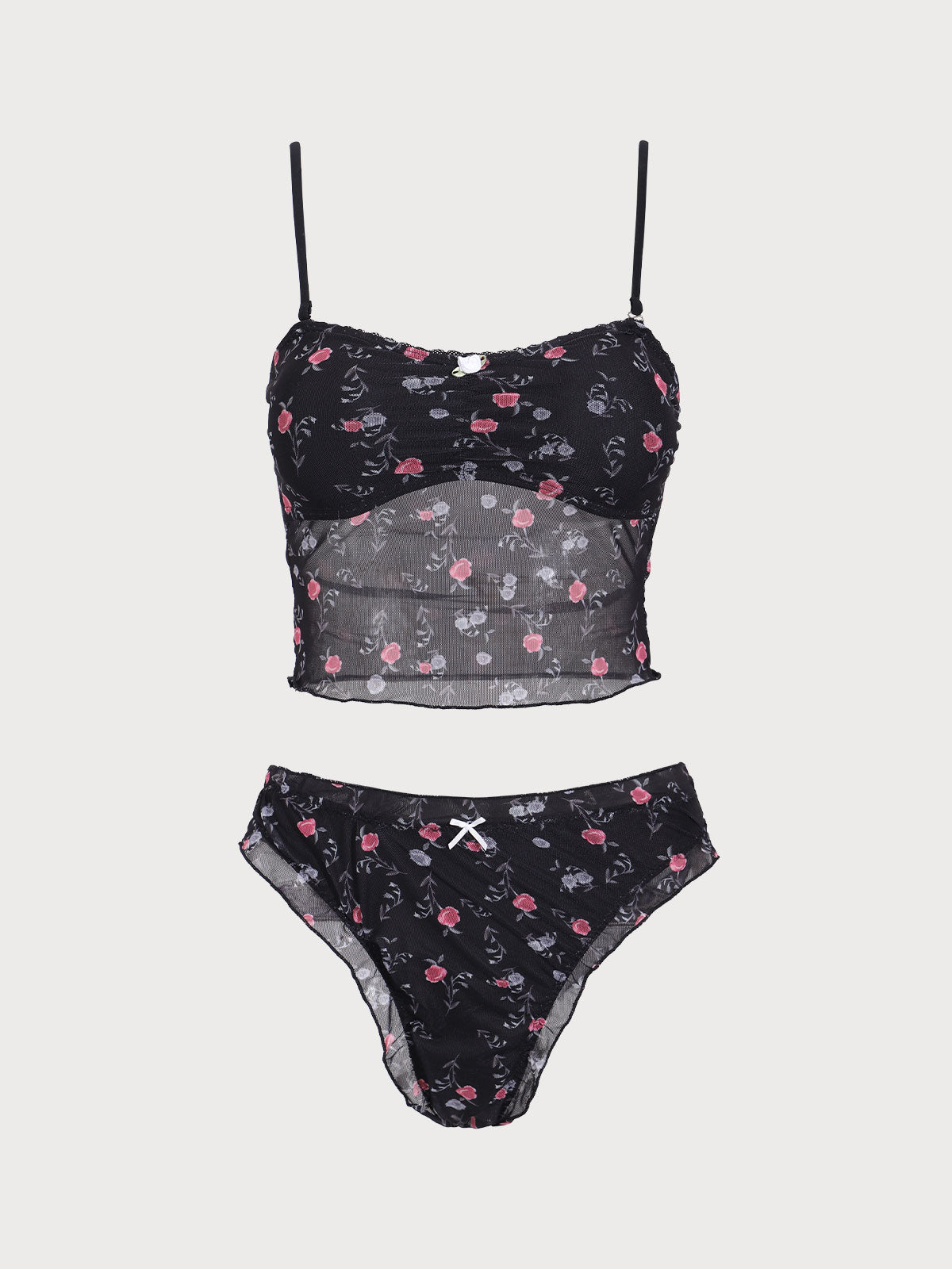 Women'S Polyester Knitted Mesh Small Rose Print Tankini Swimsuit Black Tankinis - SAMIOLSWIM