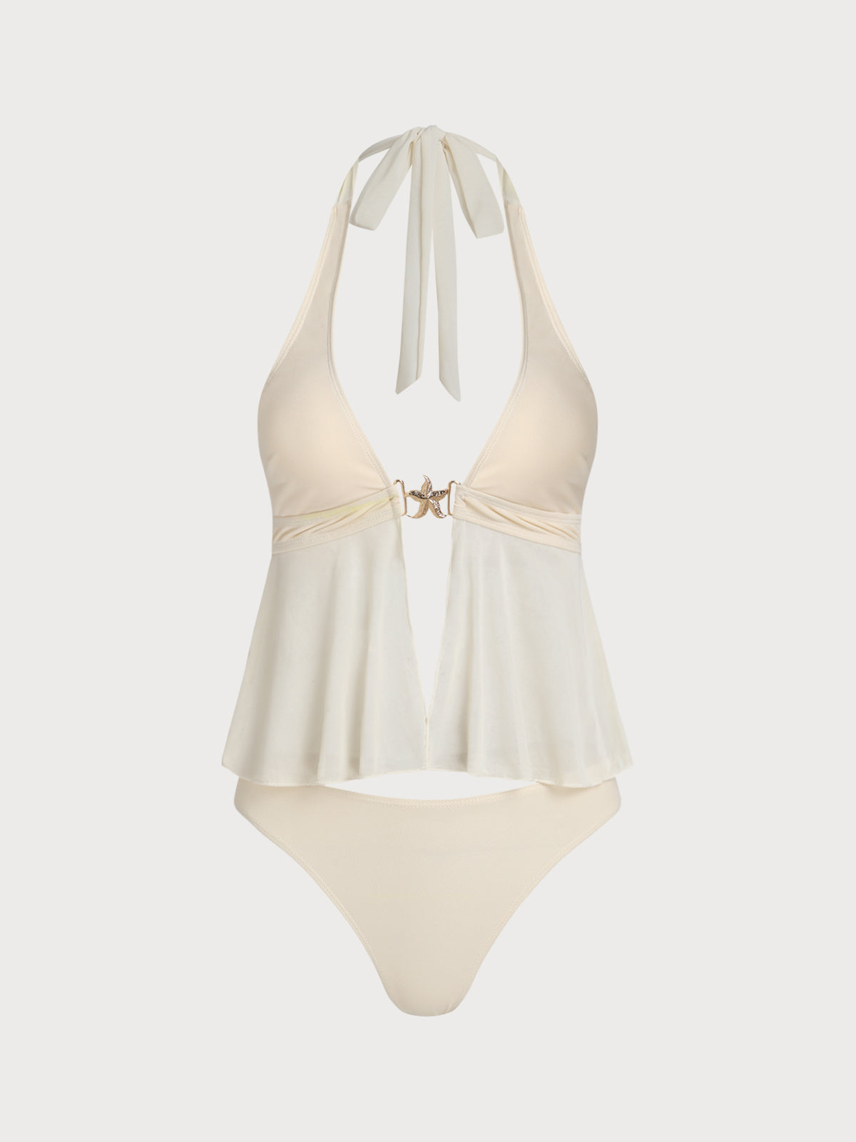 Women'S Polyester Knitted Mesh Starfish Decorated Bikini Set Off White Bikinis - SAMIOLSWIM