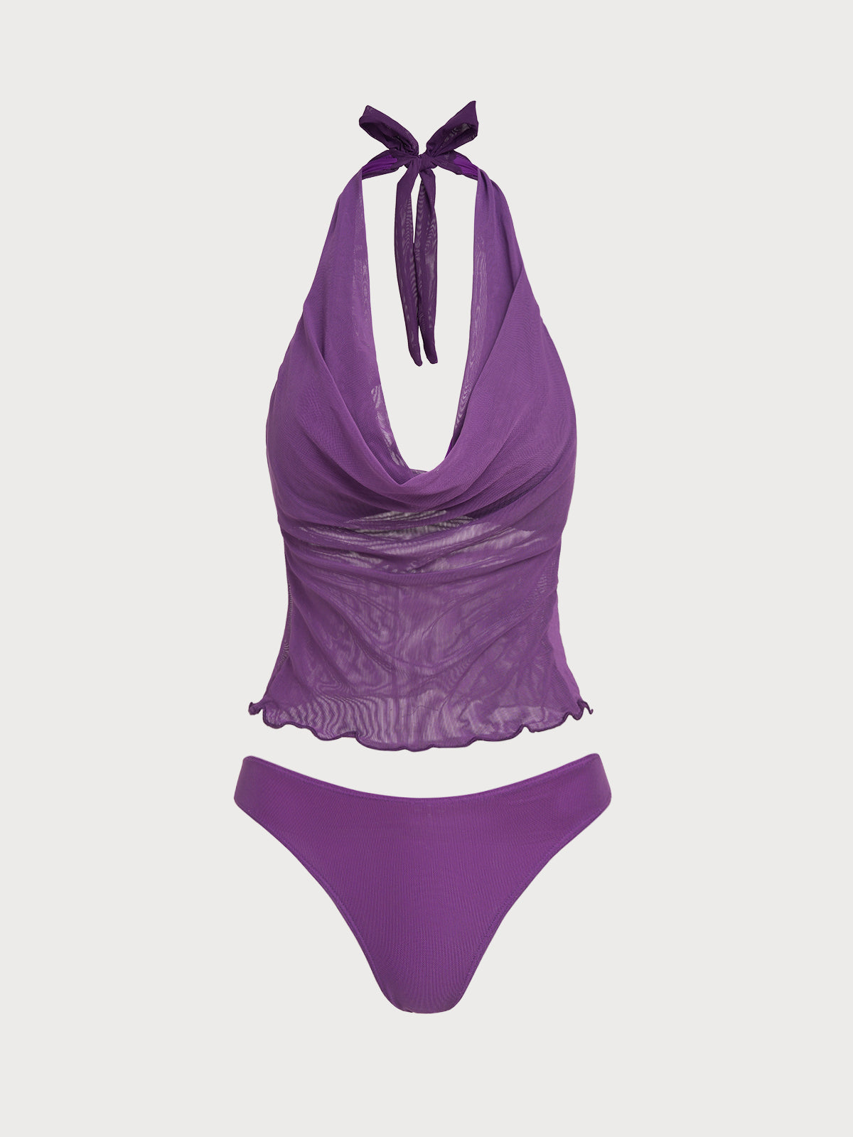 Women'S Polyester Knitted Mesh Swing Neck Tankini Set Purple Tankinis - SAMIOLSWIM