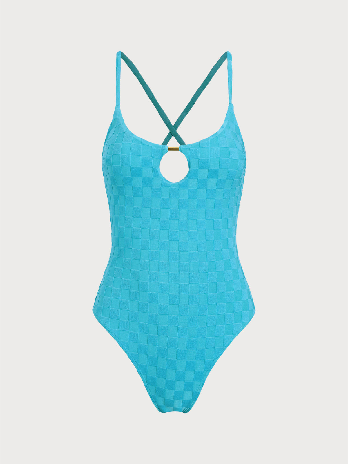 Women'S Polyester Knitted Metal Hollow Plaid One-Piece Swimsuit Blue One-Pieces - SAMIOLSWIM