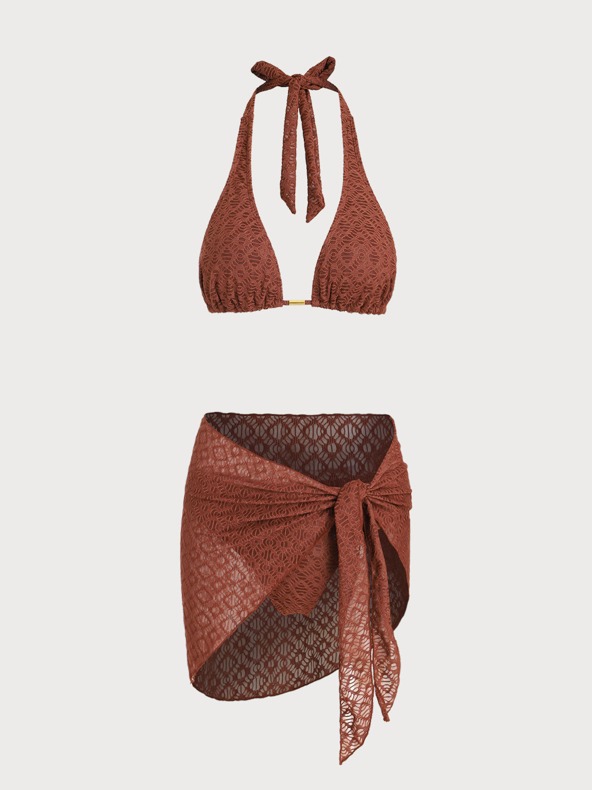 Women'S Polyester Knitted Metallic Bikini Three-Piece Set Brown Bikinis - SAMIOLSWIM