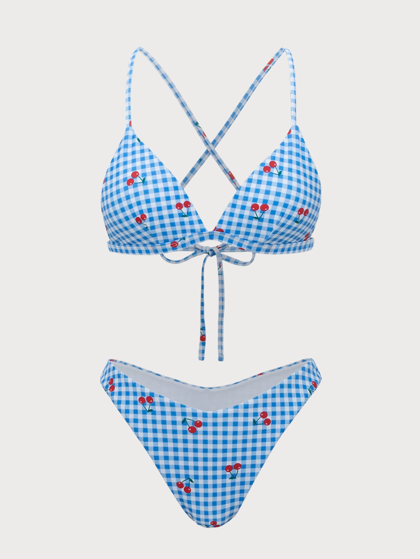 Women'S Polyester Knitted Plaid Cherry Print Bikini Set Blue Bikinis - SAMIOLSWIM