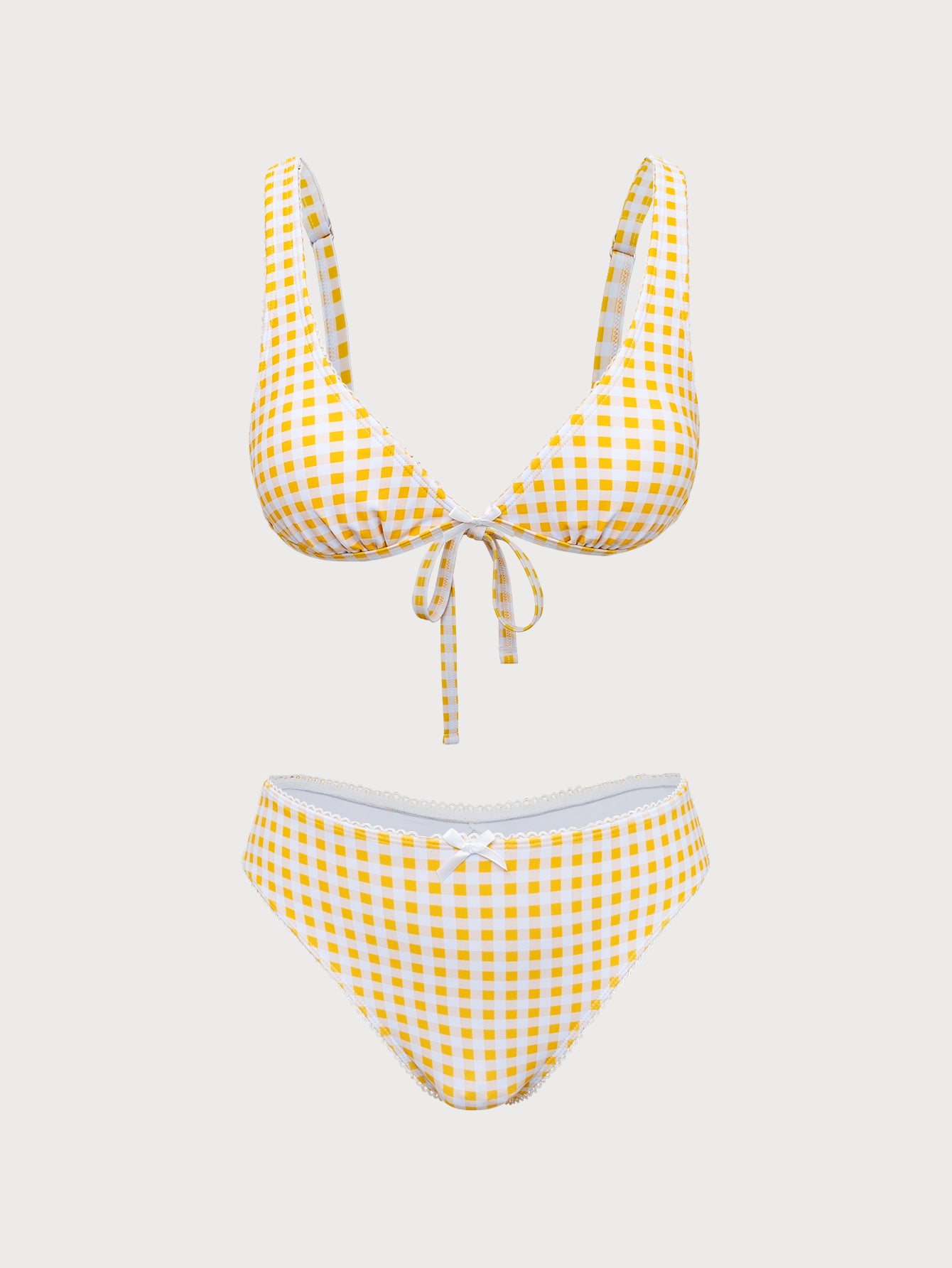 Women'S Polyester Knitted Plaid Print Bikini Set Yellow Bikinis - SAMIOLSWIM