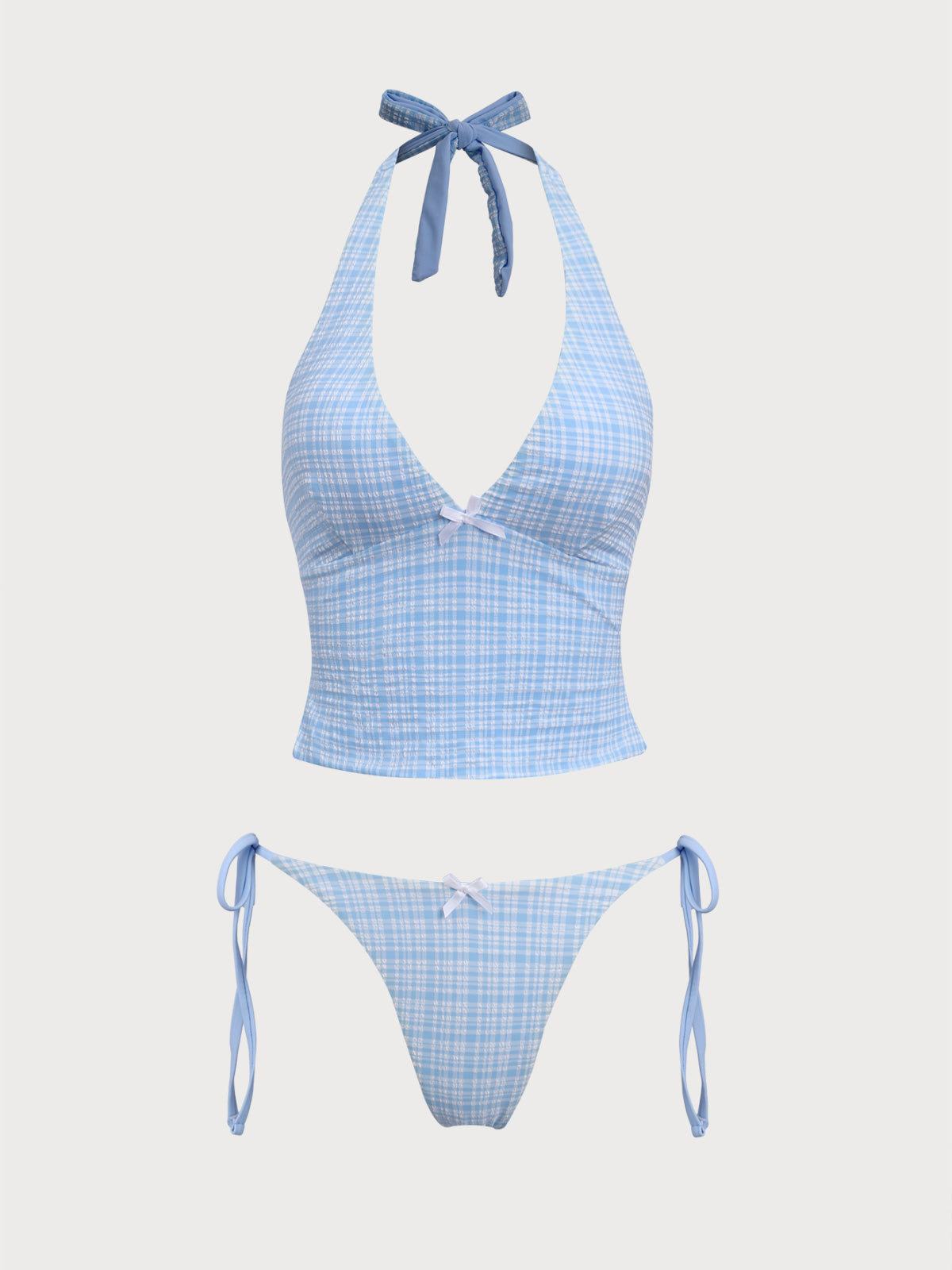 Women'S Polyester Knitted Plaid Tankini Swimsuit Blue Tankinis - SAMIOLSWIM